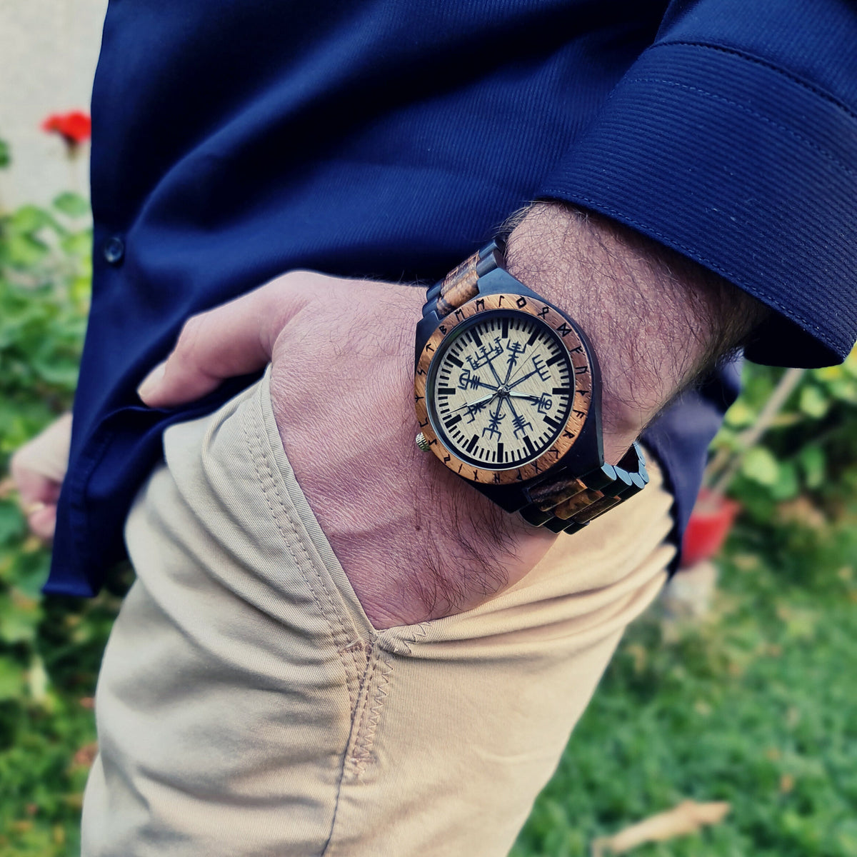 Viking Leather Accessory - Viking Compass Watch, Wooden Engraved, Groomsmen Gift, Personalized