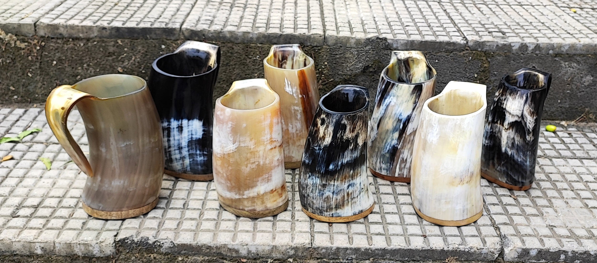 Viking Home Decor - Pack of 8 Handmade Viking Large Horn Mugs, Medieval Tankards, Ale Mead Beer