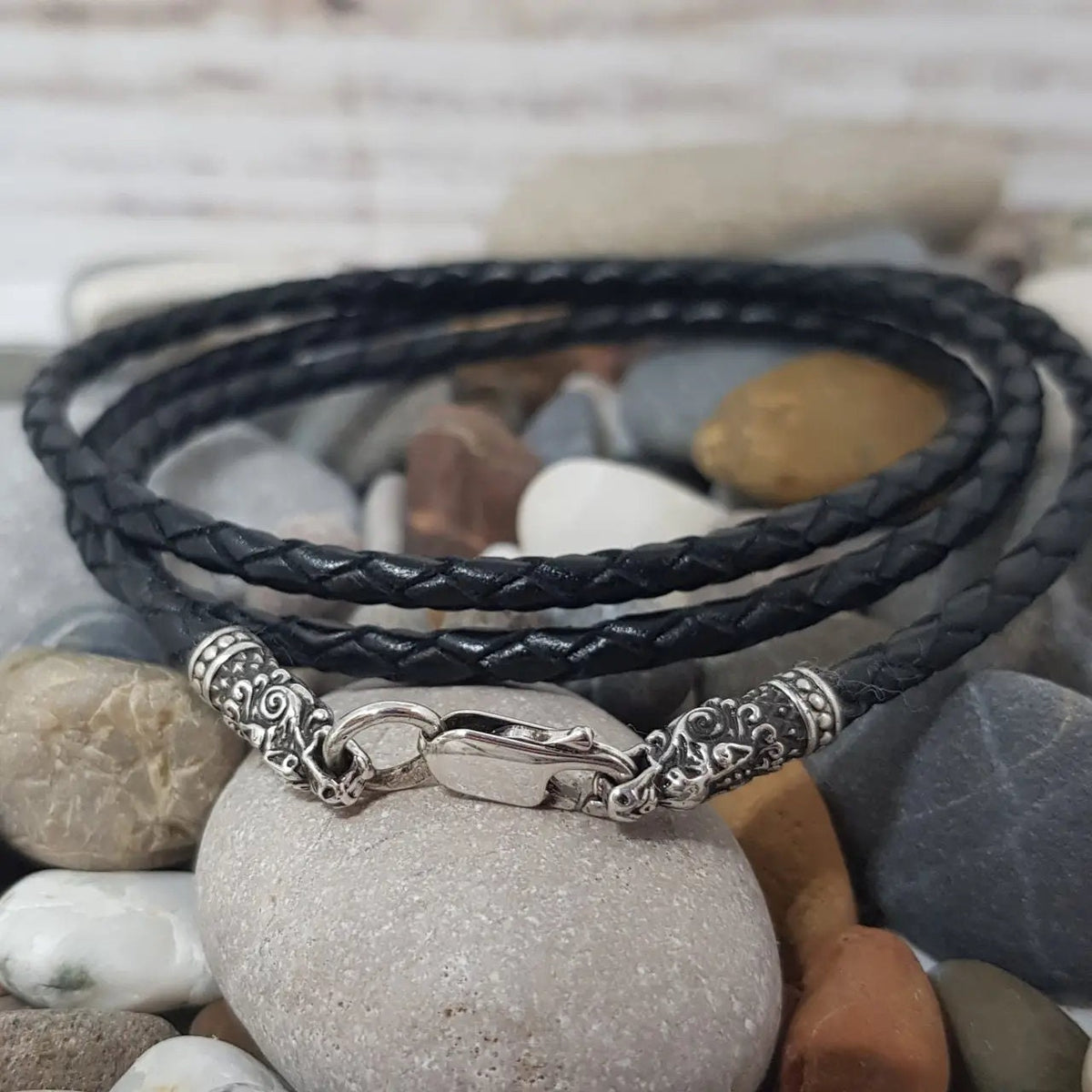 Viking Necklace - Braided Leather Dragon Necklace – Viking Necklace with Silver Dragon End Caps