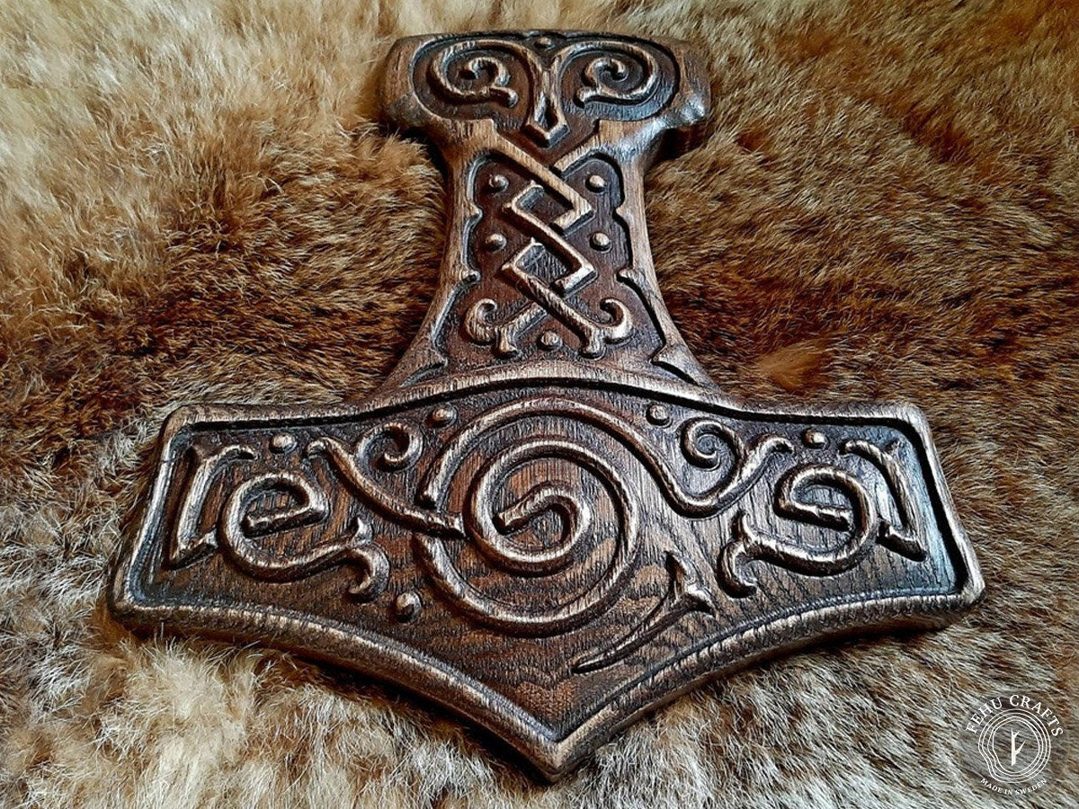 Viking Thor's Hammer Home Decor - Thor’s Hammer Mjölnir – Wooden Viking Pagan Altar Piece in Aged
