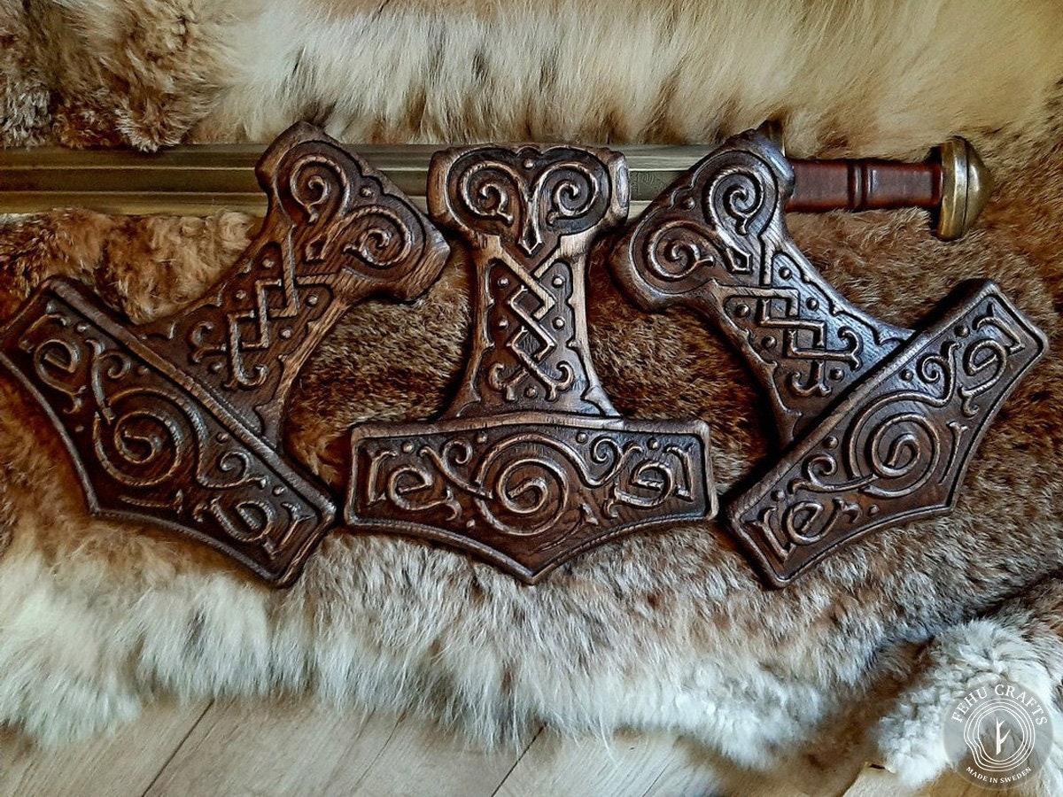 Viking Thor's Hammer Home Decor - Thor’s Hammer Mjölnir – Wooden Viking Pagan Altar Piece in Aged