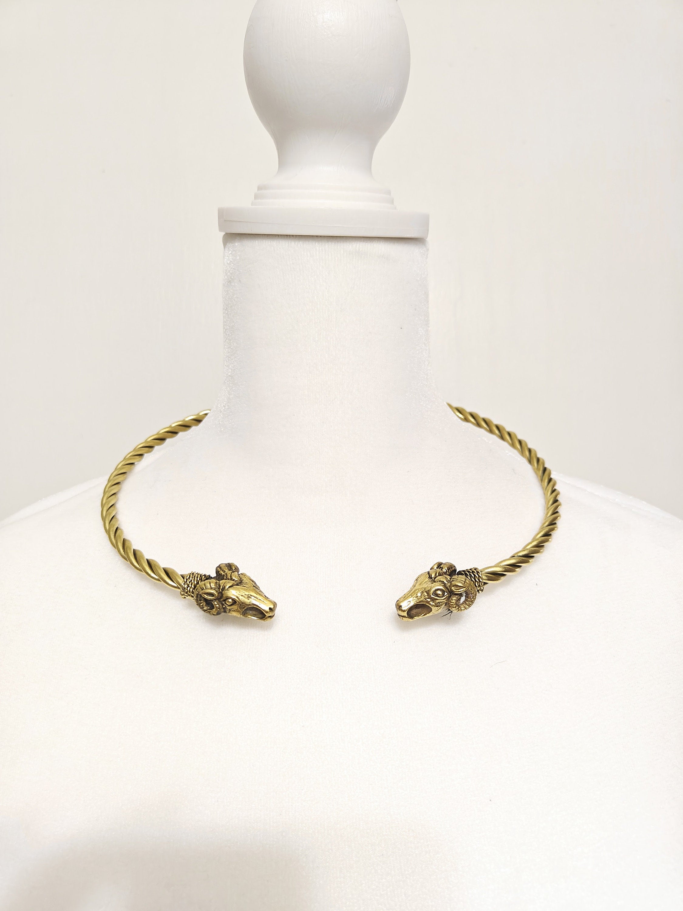 Viking Necklace - Celtic Ram Head Torc, Brass Twisted Wire Choker, Viking Cosplay Hasli Jewelry