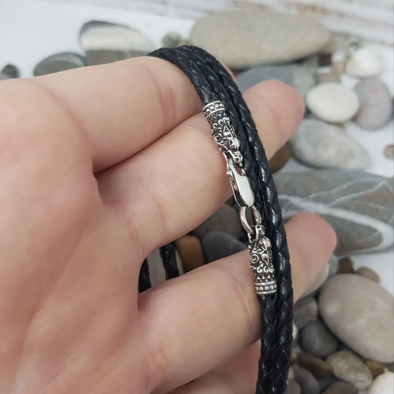 Viking Necklace - Braided Leather Dragon Necklace – Viking Necklace with Silver Dragon End Caps