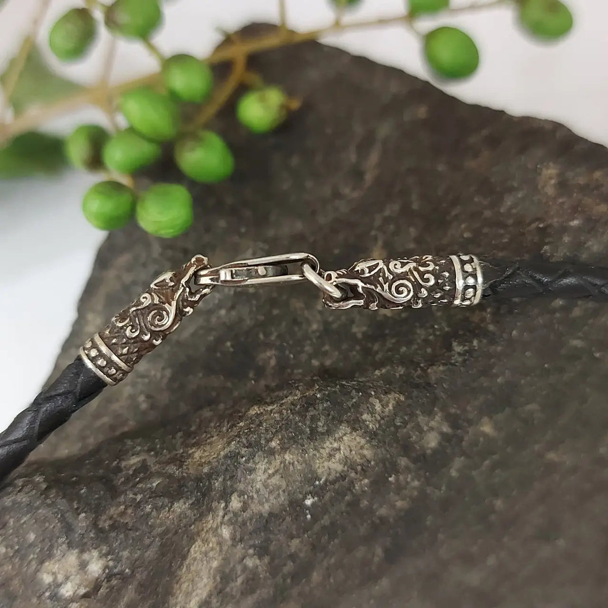 Viking Necklace - Braided Leather Dragon Necklace – Viking Necklace with Silver Dragon End Caps