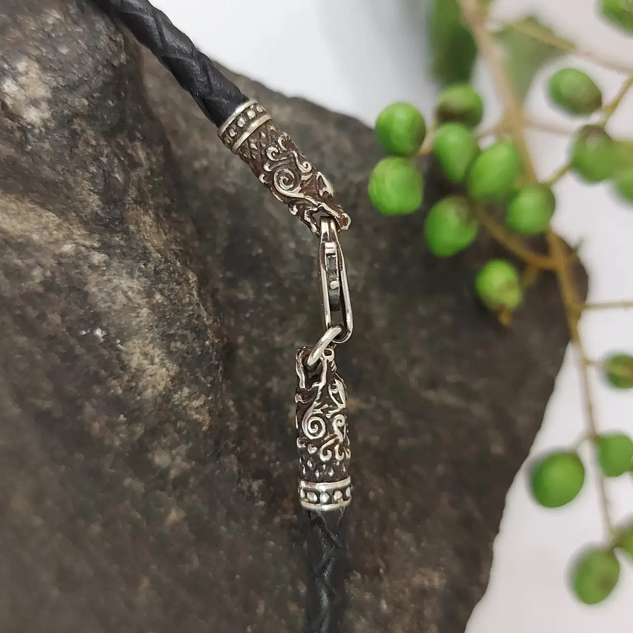 Viking Necklace - Braided Leather Dragon Necklace – Viking Necklace with Silver Dragon End Caps