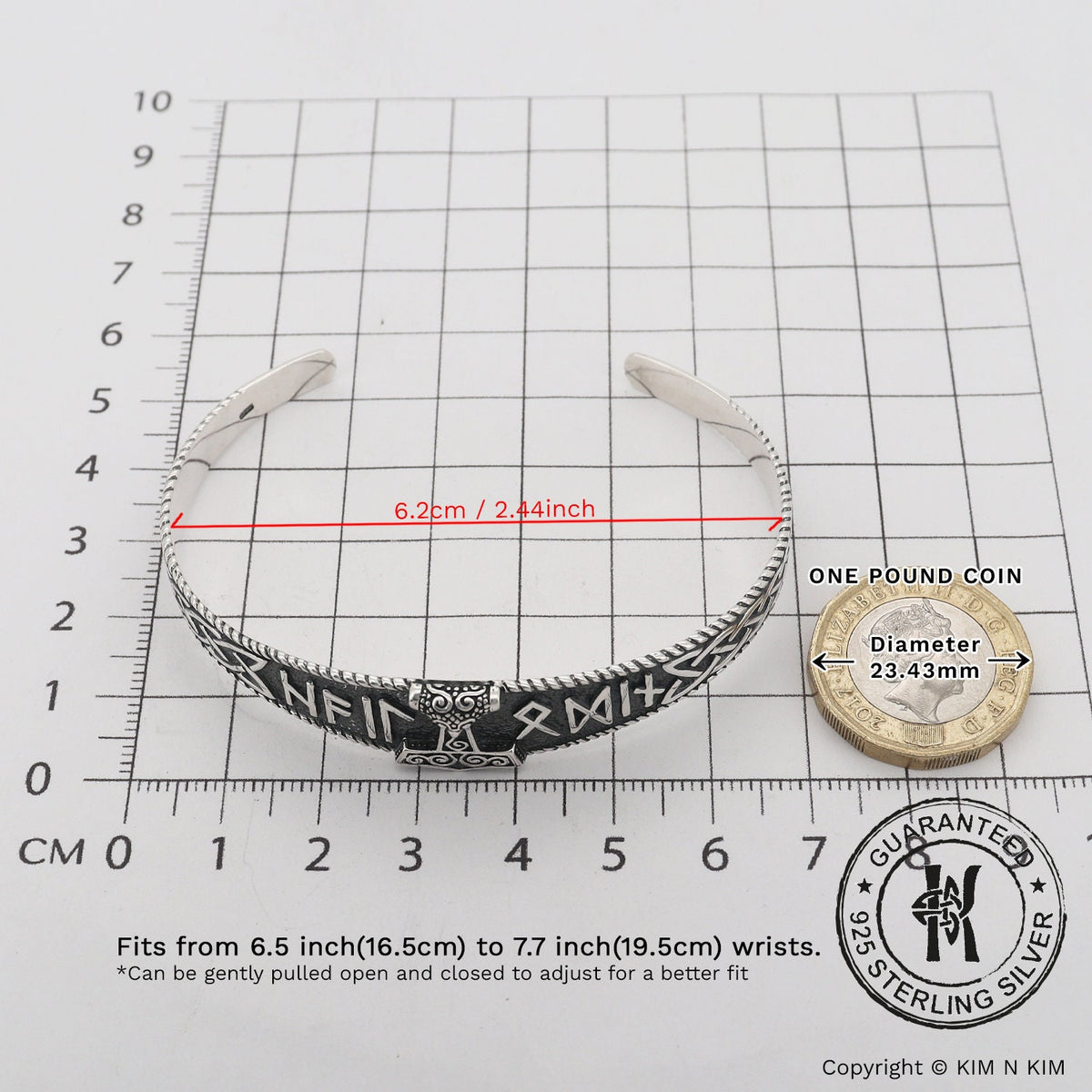 Viking Thor's Hammer Bracelet - Oxidised Sterling Silver Men's Cuff Bangle, Viking Rune, Thor's