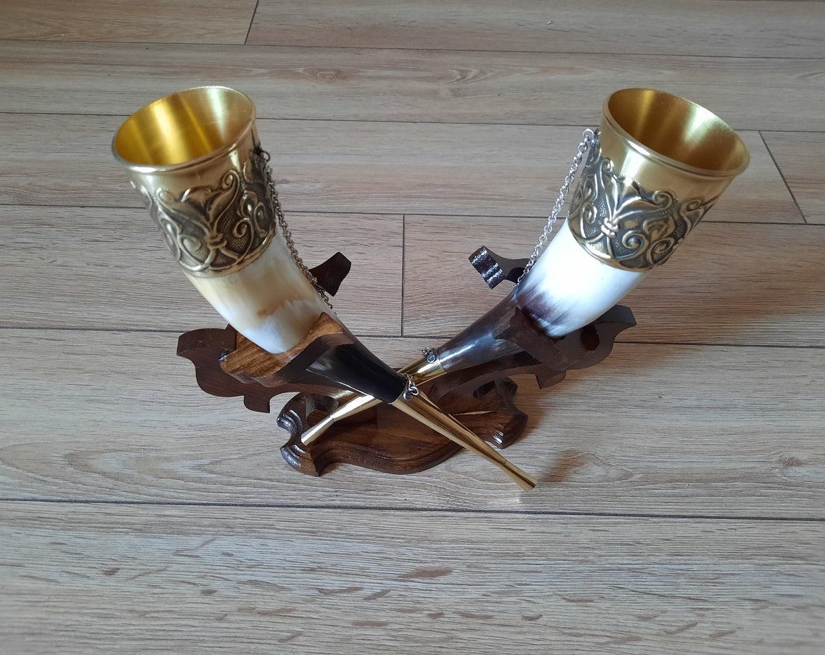 Viking Mug - Viking Drinking Horn Set with Wood Stand – Handcrafted Silver Filigree Norse Decor