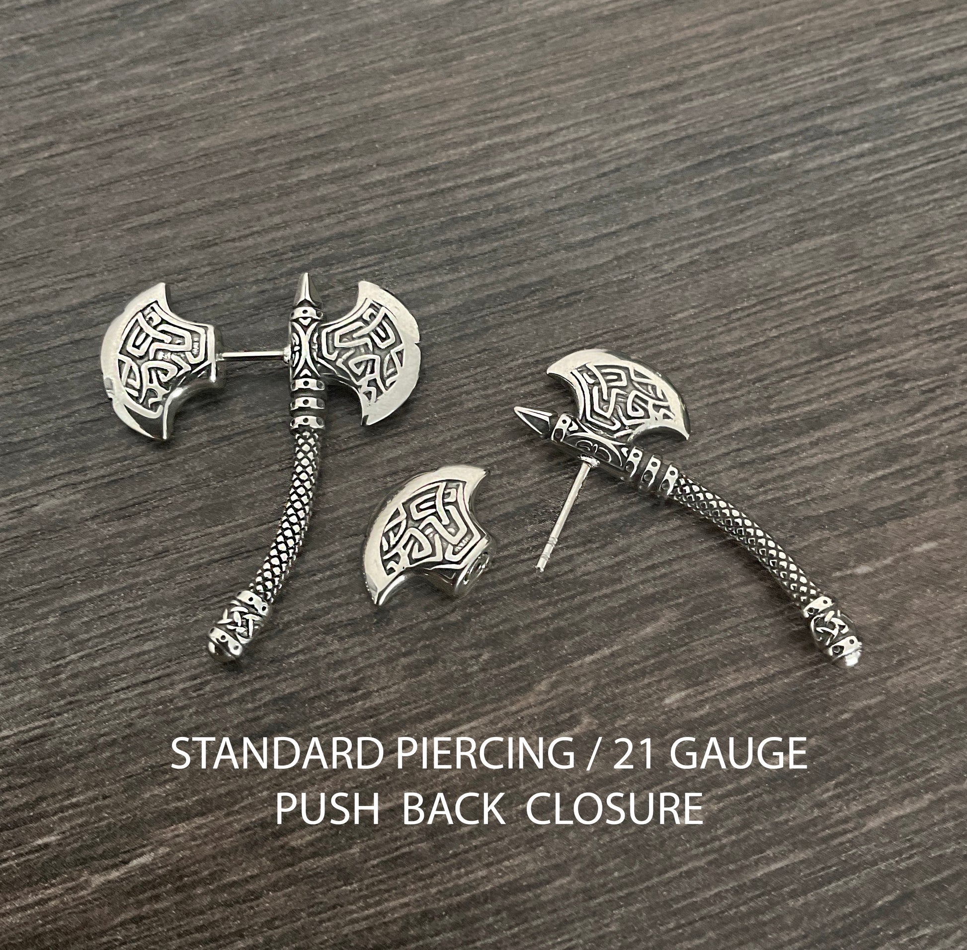 Viking Jewelry Accessory - Double Axe Ear Jacket Earrings, Stainless Steel, Celtic Norse Jewelry