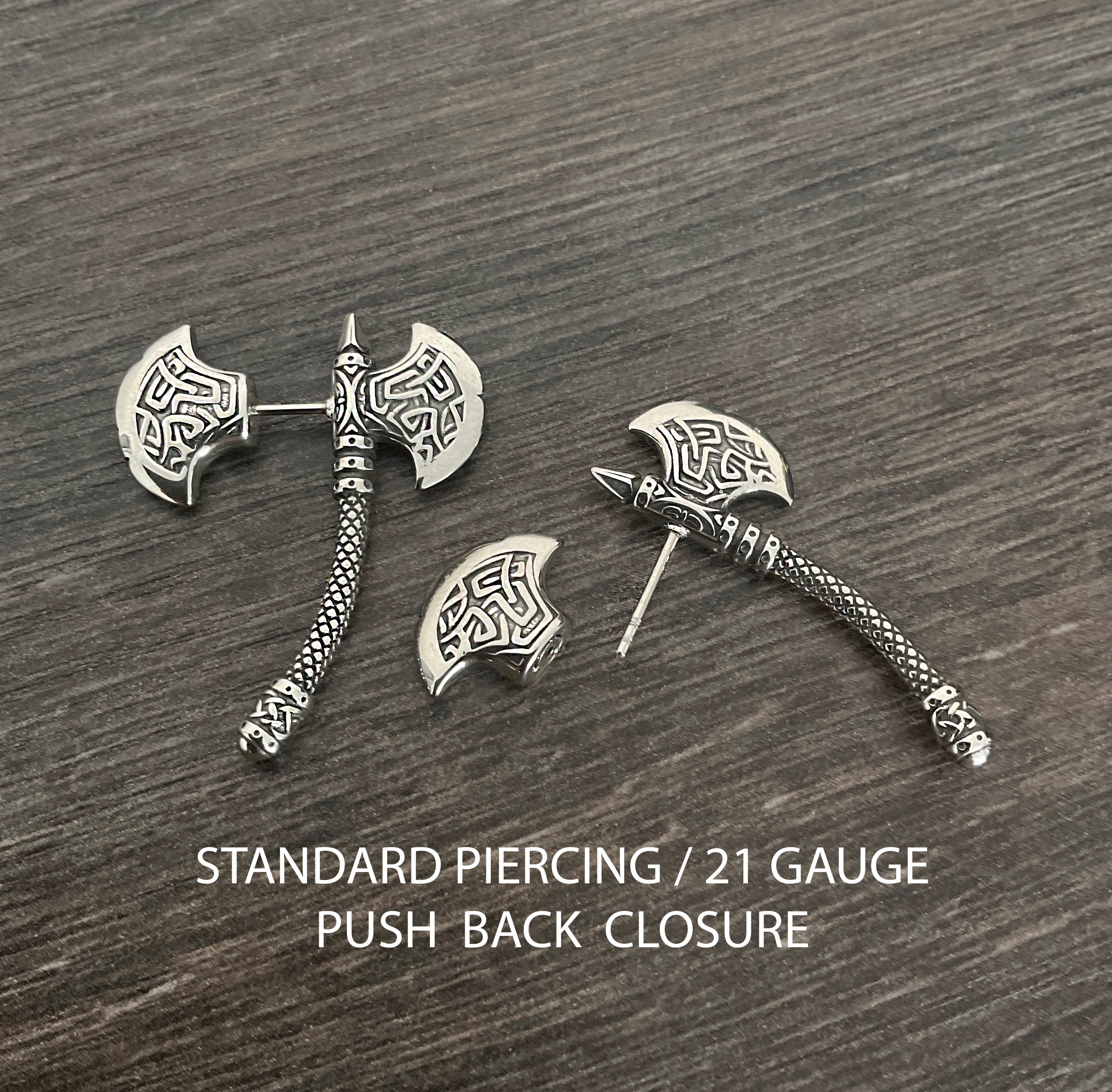 Viking Jewelry Accessory - Double Axe Ear Jacket Earrings, Stainless Steel, Celtic Norse Jewelry