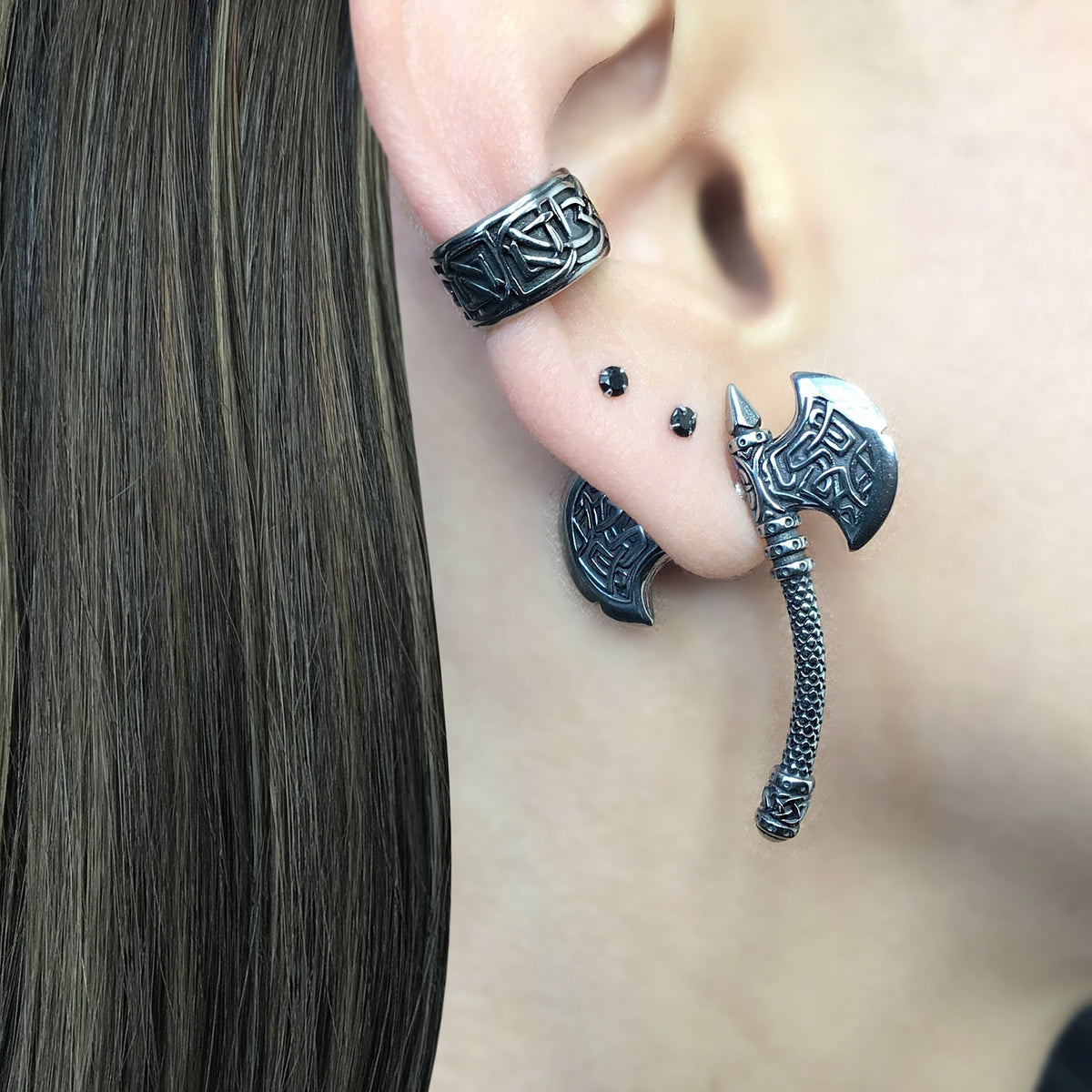 Viking Jewelry Accessory - Double Axe Ear Jacket Earrings, Stainless Steel, Celtic Norse Jewelry