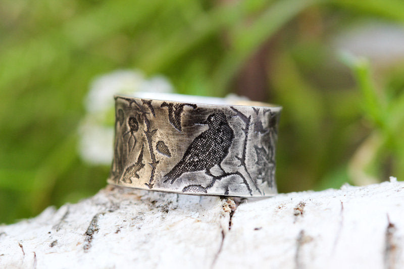 Viking Raven Ring - Silver Raven Celtic Knot Ring, Oxidized Viking Band, Norse Gothic Jewelry