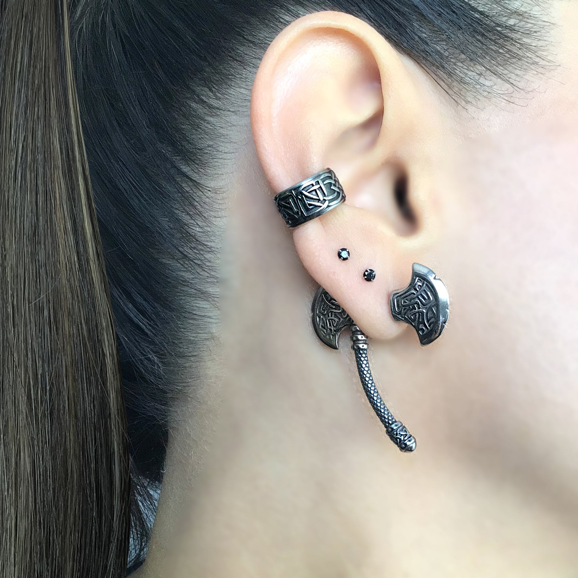 Viking Jewelry Accessory - Double Axe Ear Jacket Earrings, Stainless Steel, Celtic Norse Jewelry