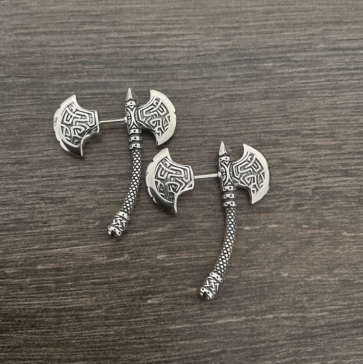 Viking Jewelry Accessory - Double Axe Ear Jacket Earrings, Stainless Steel, Celtic Norse Jewelry