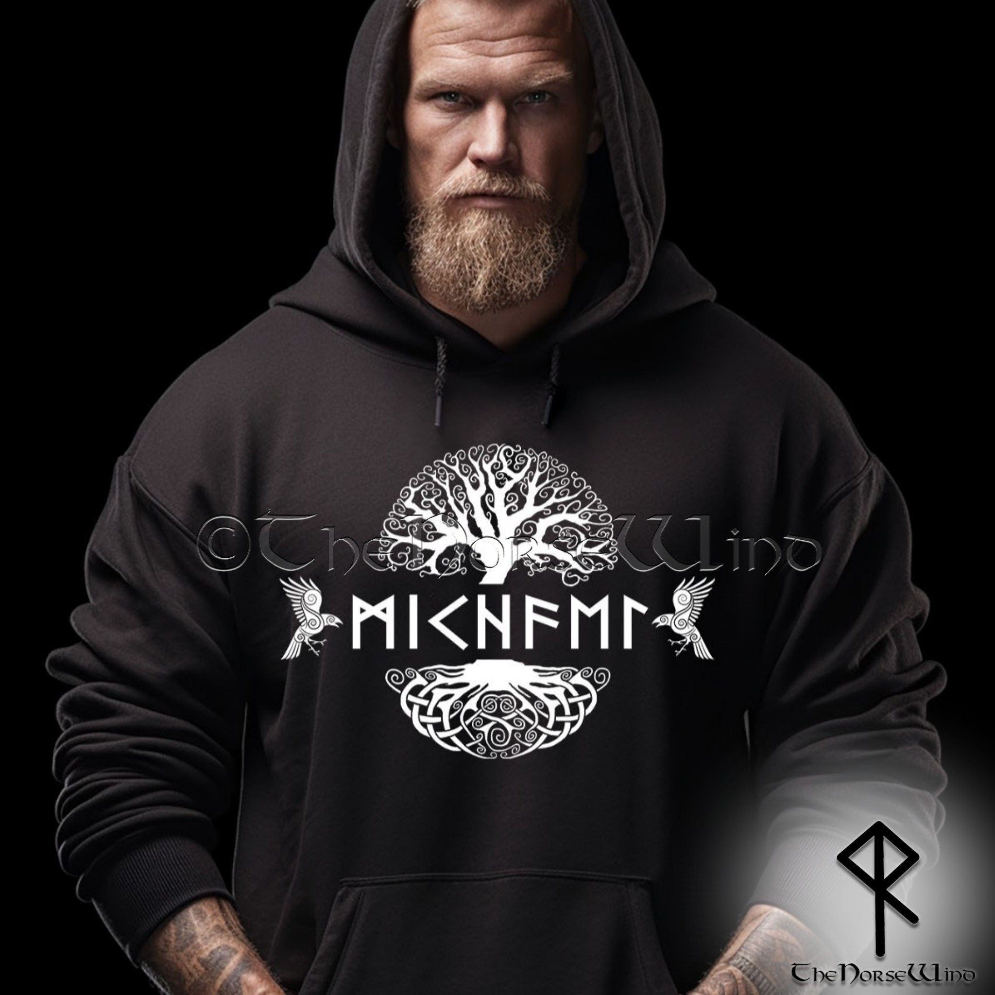 Viking Vegvisir Compass Hoodie - Runic Vegvisir Trident Hoodie - Norse Mythology, CoolMax Lined