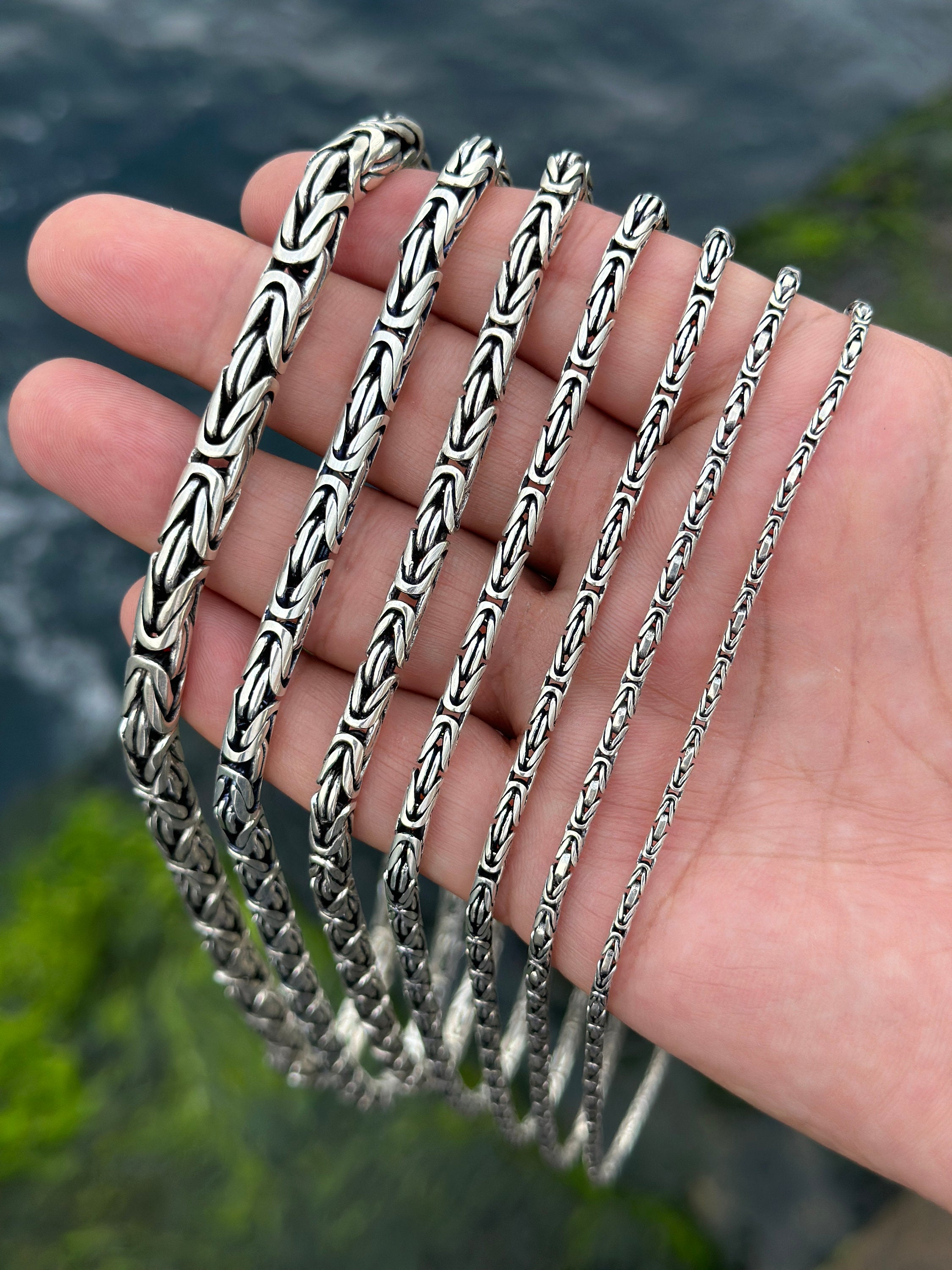 Viking Necklace - Oxidized Silver Square Byzantine Chain Necklace, 925 Sterling Silver Viking