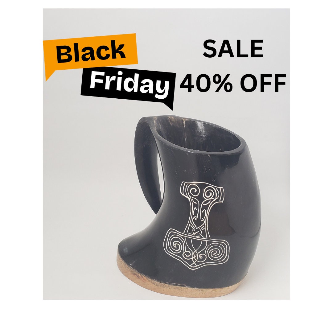 Viking Thor's Hammer Mug - Viking horn-Norse symbol engraved Horn Mugs - Vegvisir, Thor's Hammer