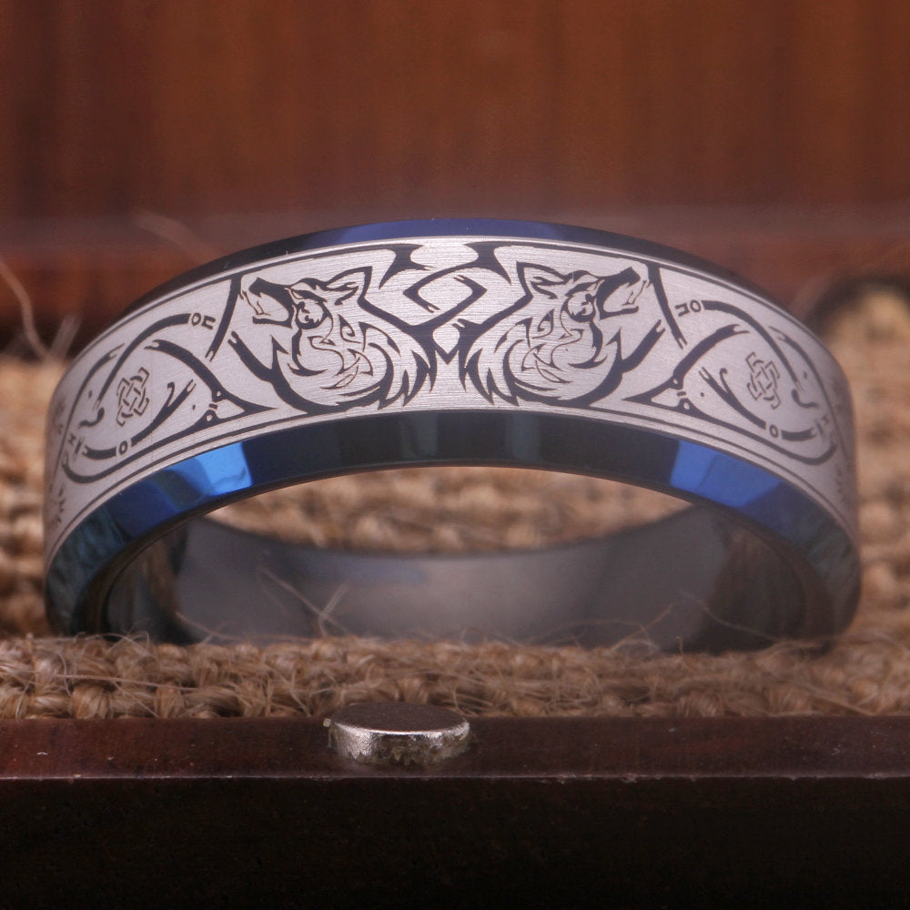 Viking Odin Ring - Blue Tungsten Viking Ring Norse Wedding Band Odin Symbol Personalized Mens