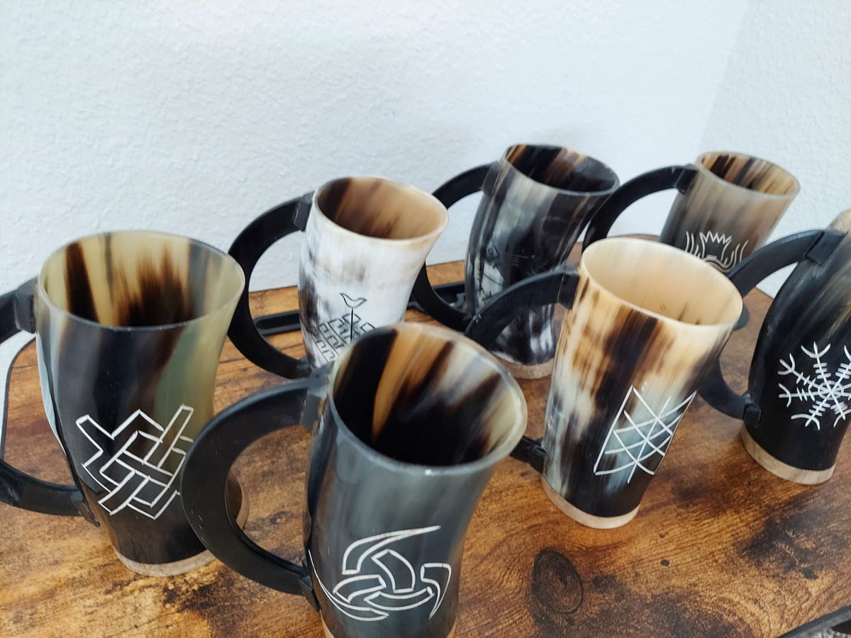 Viking Home Decor - Pack of 8 Handmade Viking Large Horn Mugs, Medieval Tankards, Ale Mead Beer