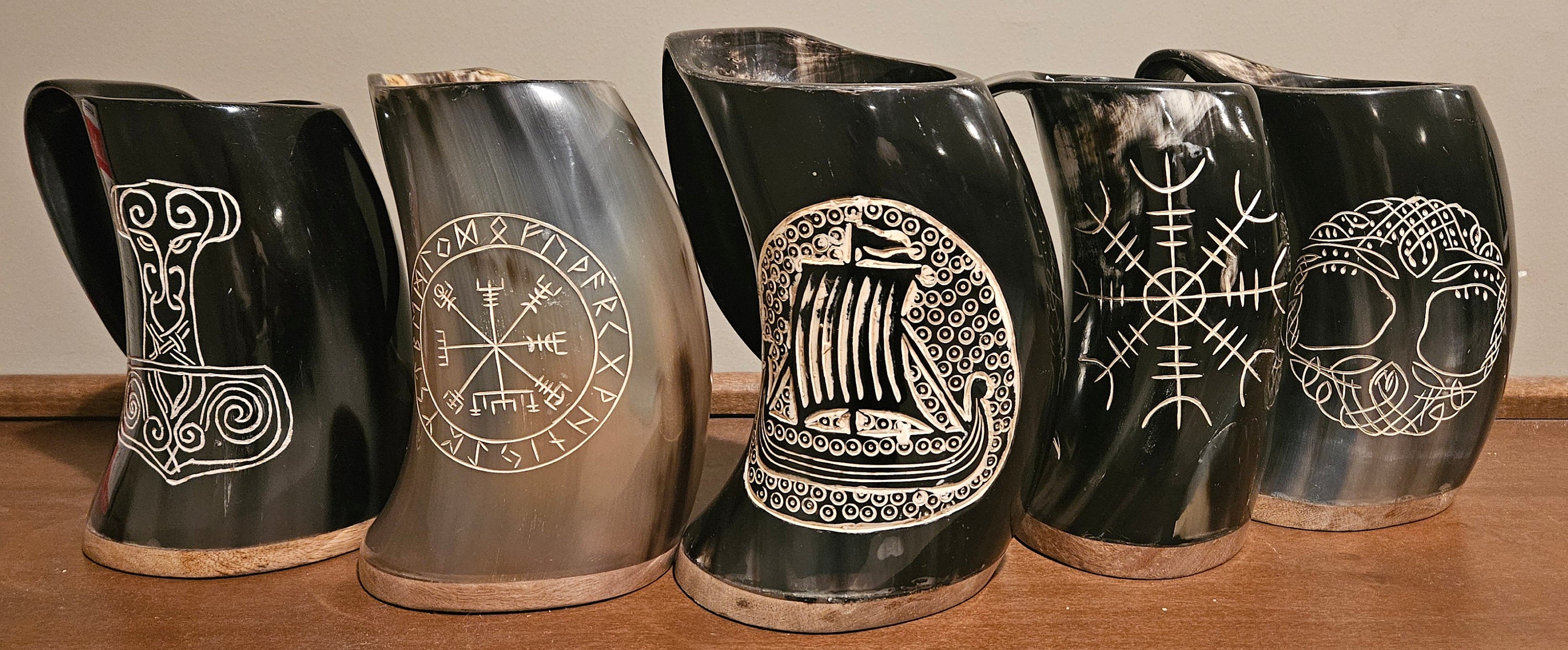 Viking Thor's Hammer Mug - Viking horn-Norse symbol engraved Horn Mugs - Vegvisir, Thor's Hammer