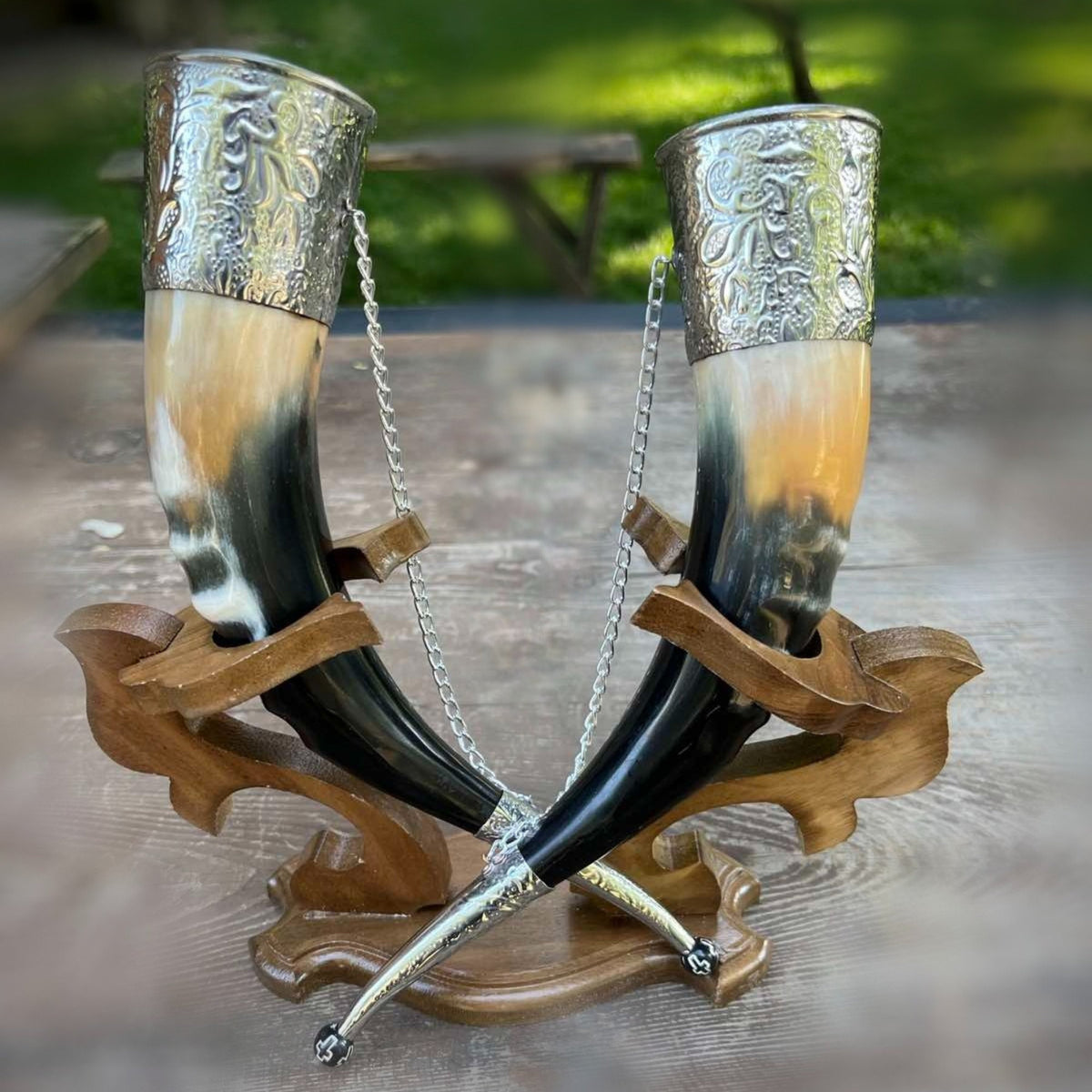 Viking Mug - Viking Drinking Horn Set with Wood Stand – Handcrafted Silver Filigree Norse Decor