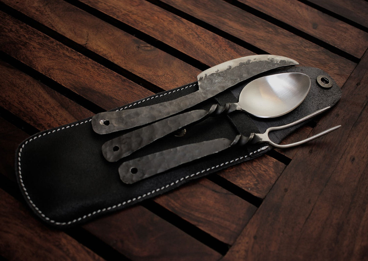 Viking Leather Accessory - Hand Forged Viking Cutlery Set – High Carbon Steel Medieval Utensils Set