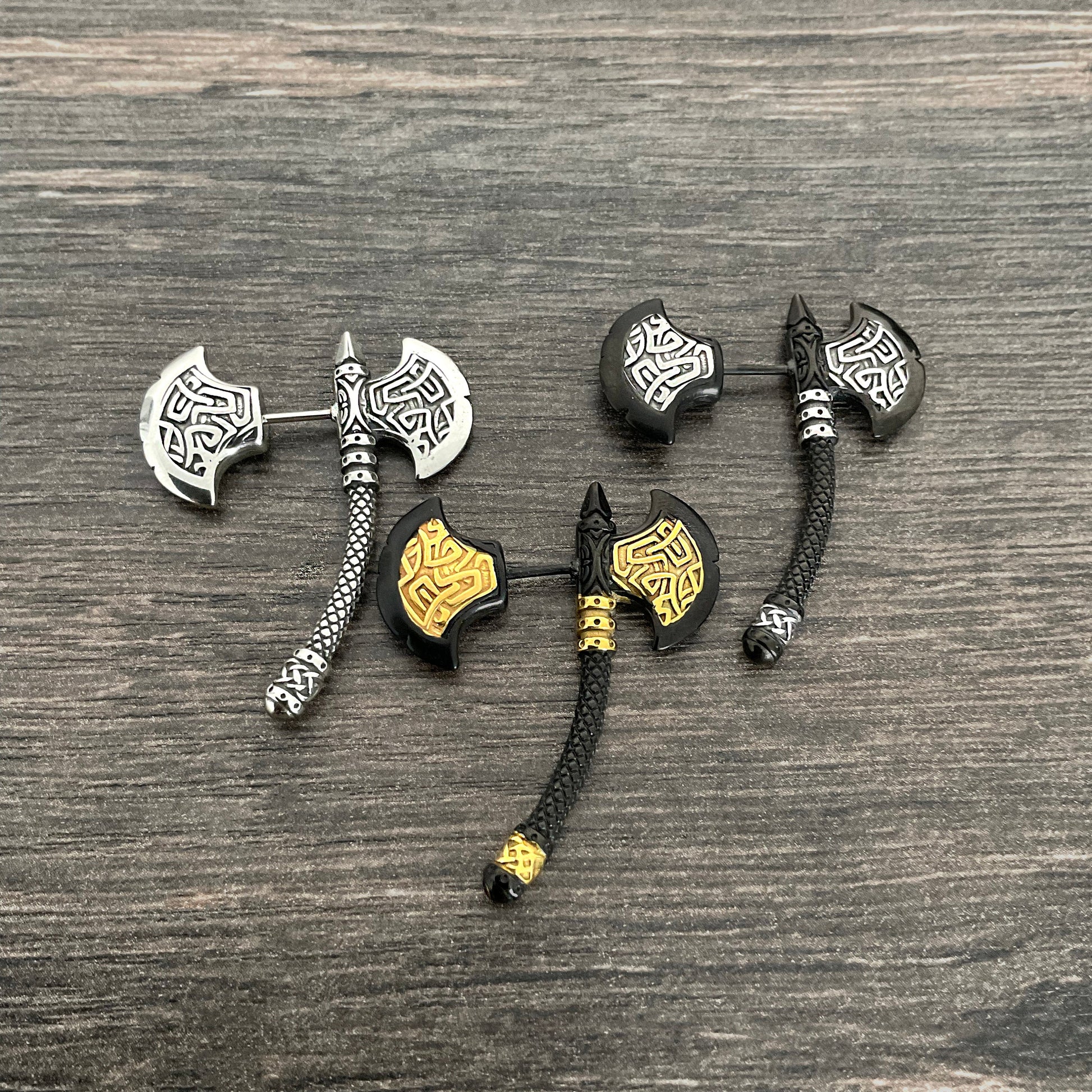 Viking Jewelry Accessory - Double Axe Ear Jacket Earrings, Stainless Steel, Celtic Norse Jewelry