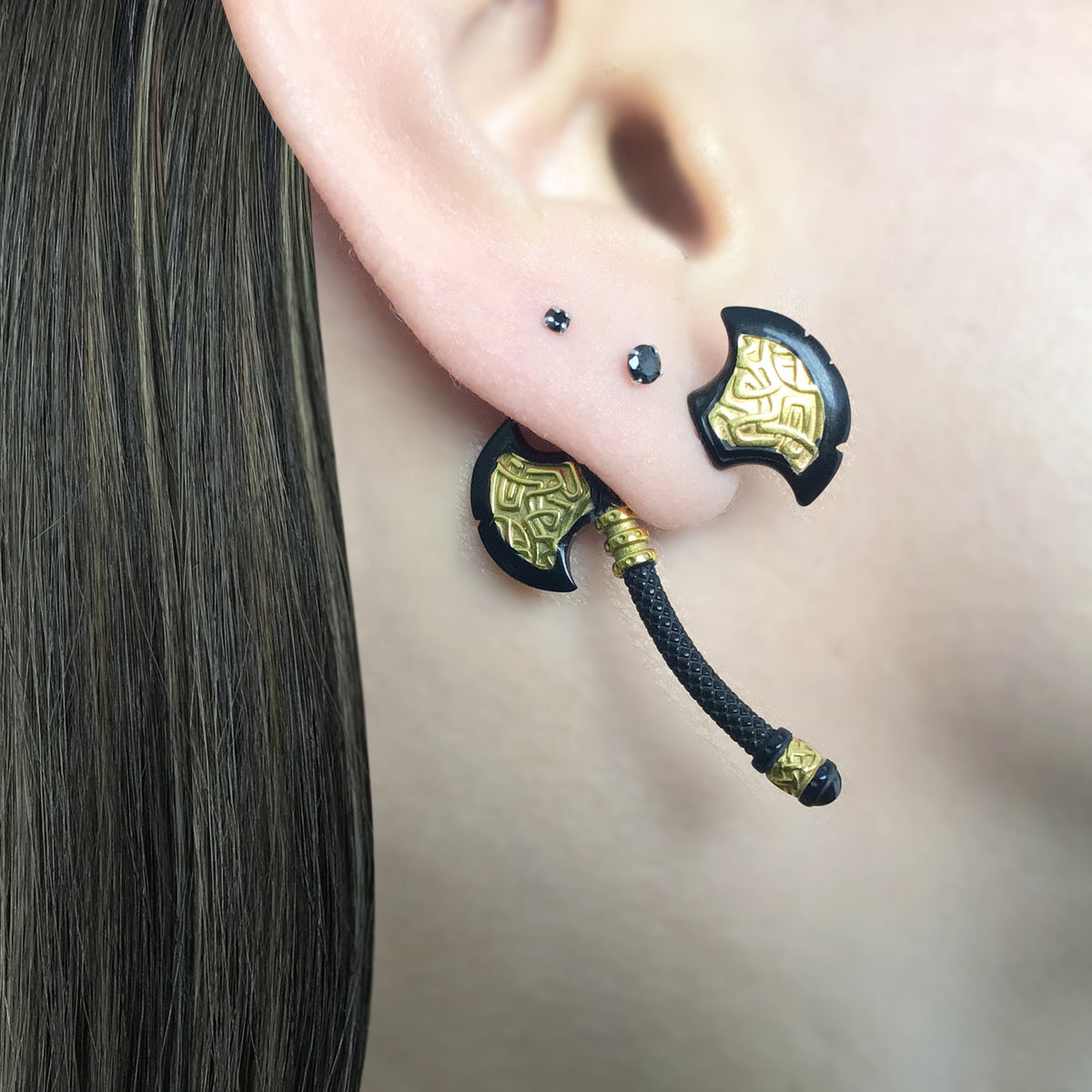 Viking Jewelry Accessory - Double Axe Ear Jacket Earrings, Stainless Steel, Celtic Norse Jewelry