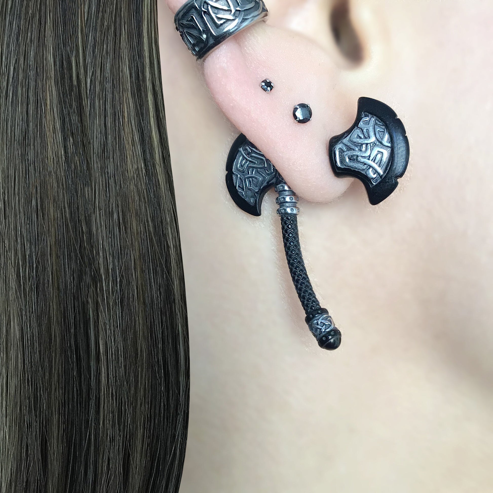 Viking Jewelry Accessory - Double Axe Ear Jacket Earrings, Stainless Steel, Celtic Norse Jewelry