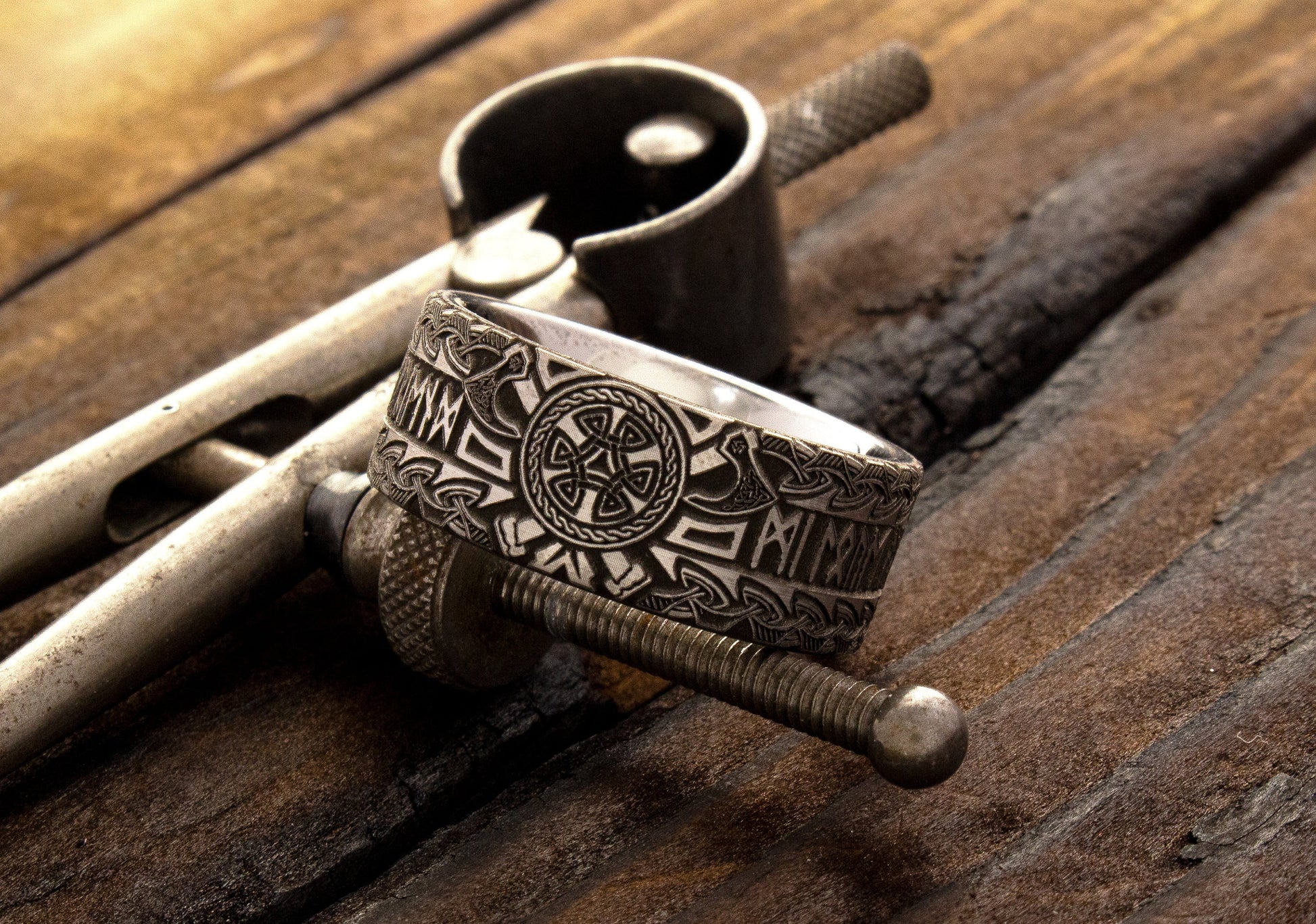 Viking Rune Ring - Black and Silver 9mm Tungsten Carbide Ring with Viking Norse Runes