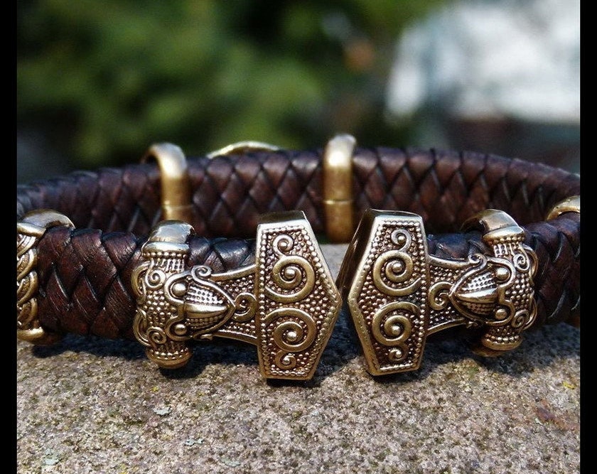Viking Thor's Hammer Bracelet - Mjolnir Bracelet with Thor Hammer, Braided Viking Leather Bracelet