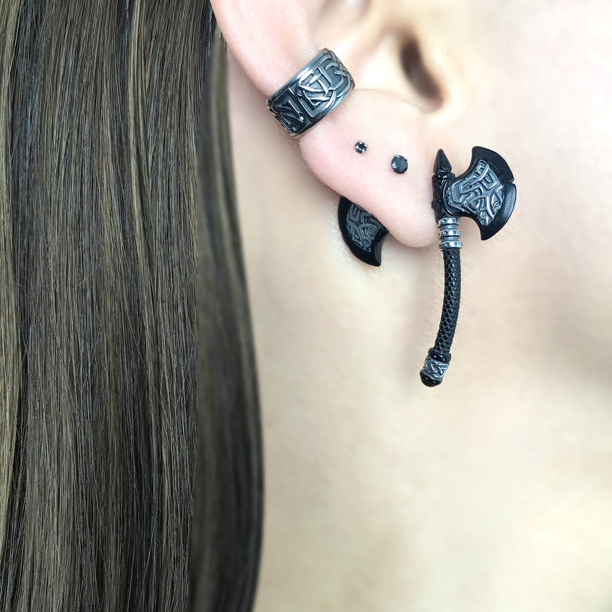 Viking Jewelry Accessory - Double Axe Ear Jacket Earrings, Stainless Steel, Celtic Norse Jewelry