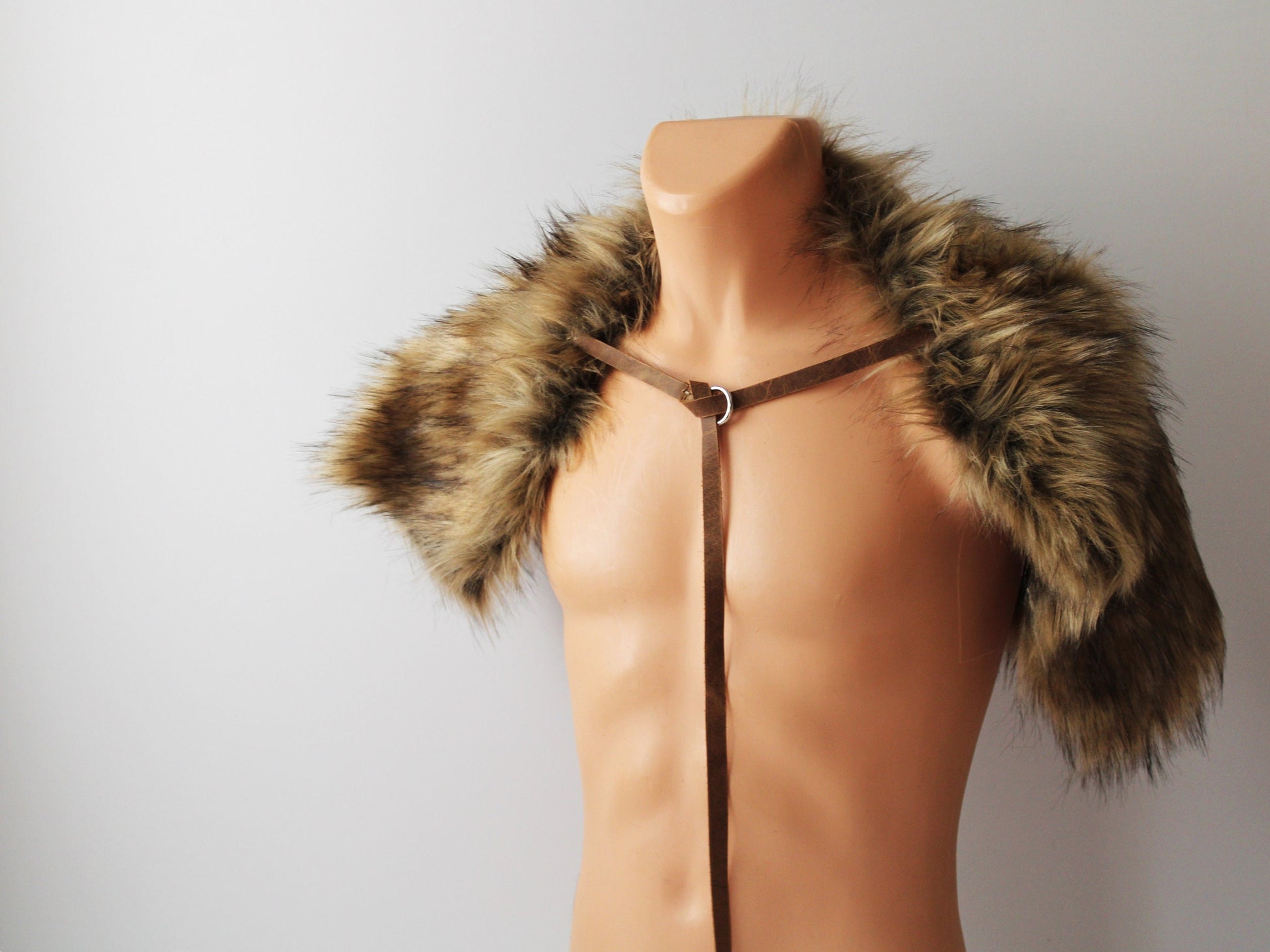 Viking Wolf Jacket - Stonewolf Grey Fur Shoulder Wrap with Leather Chest Straps, Imitation Fur Pelt