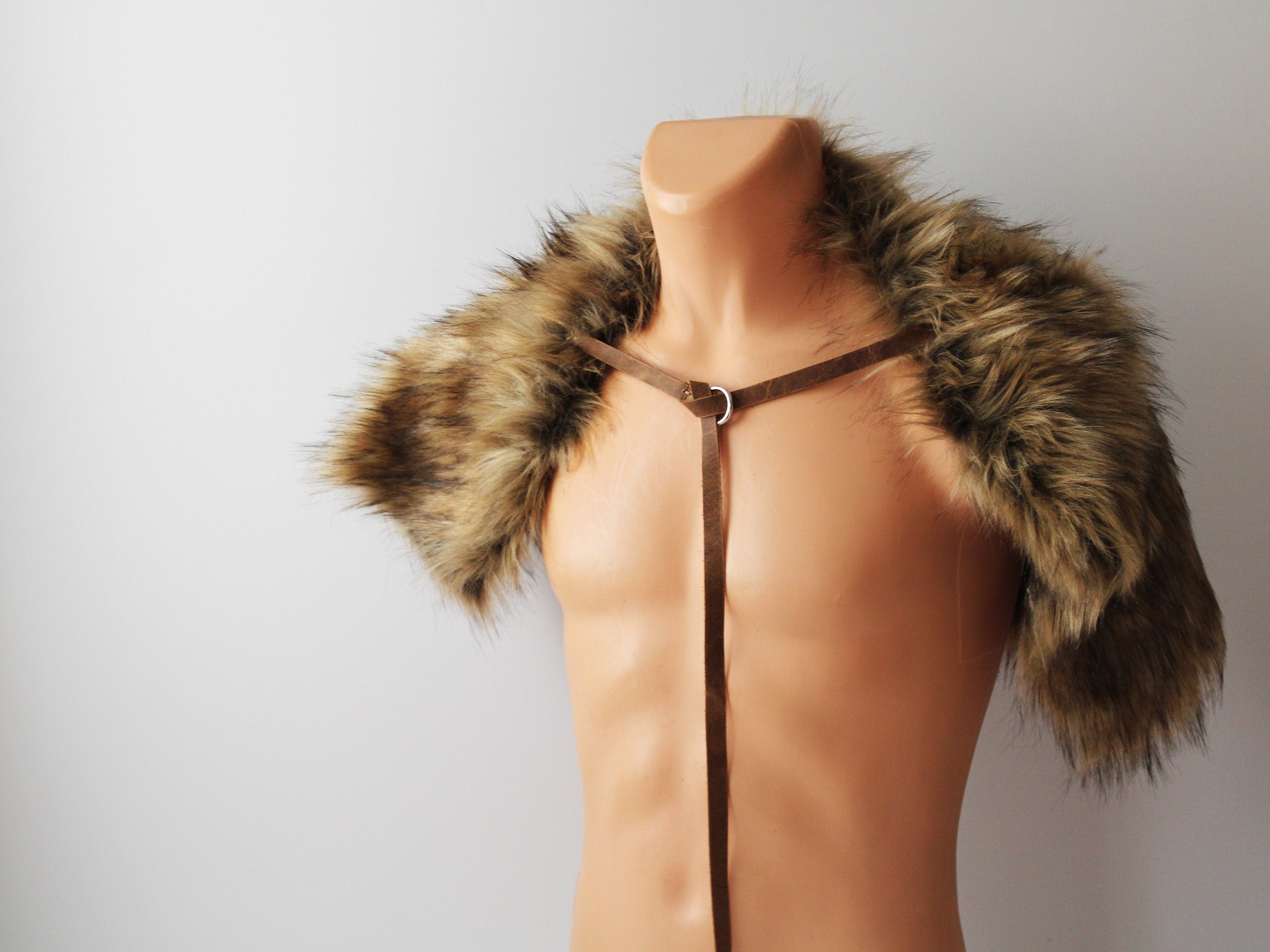 Viking Wolf Jacket - Stonewolf Grey Fur Shoulder Wrap with Leather Chest Straps, Imitation Fur Pelt