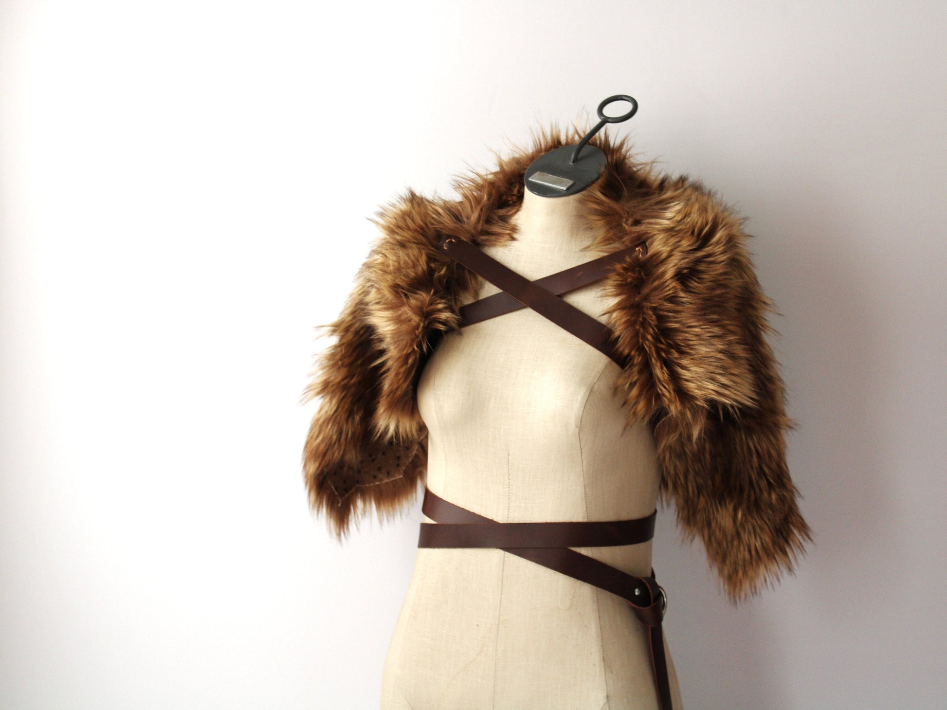 Viking Costume & LARP - 2pc Viking Fur Trim Bracers, Real Rabbit Fur Medieval Leather Arm Warmers