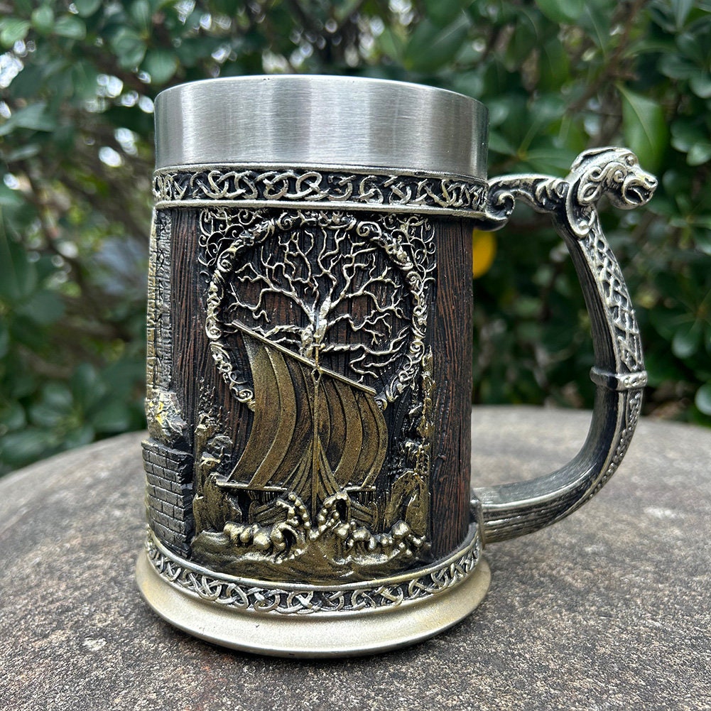 Viking Yggdrasil Tree of Life Mug - Viking Valhalla Ship Drinking Beer Coffee Mug 22 Oz, Viking