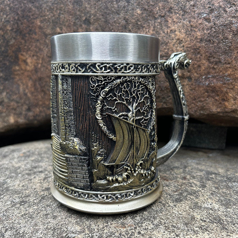 Viking Yggdrasil Tree of Life Mug - Viking Valhalla Ship Drinking Beer Coffee Mug 22 Oz, Viking