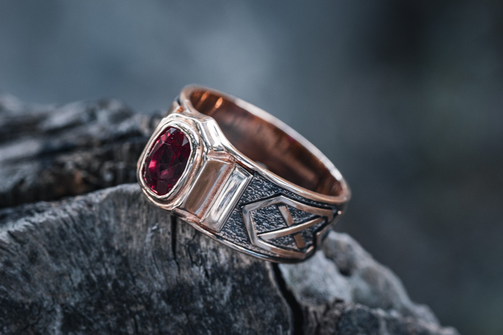 Viking Ring - 14k gold dwarven ring, brutalist signet ruby gemstone ring, fantasy viking nordic
