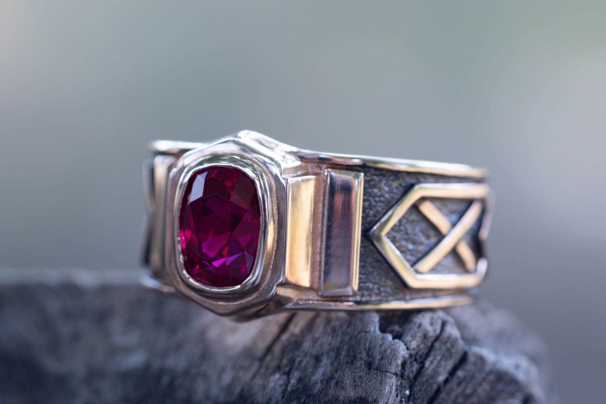 Viking Ring - 14k gold dwarven ring, brutalist signet ruby gemstone ring, fantasy viking nordic