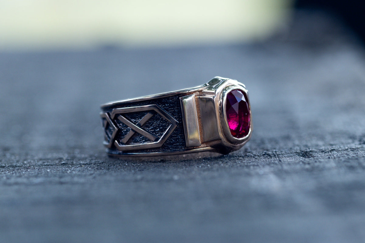 Viking Ring - 14k gold dwarven ring, brutalist signet ruby gemstone ring, fantasy viking nordic