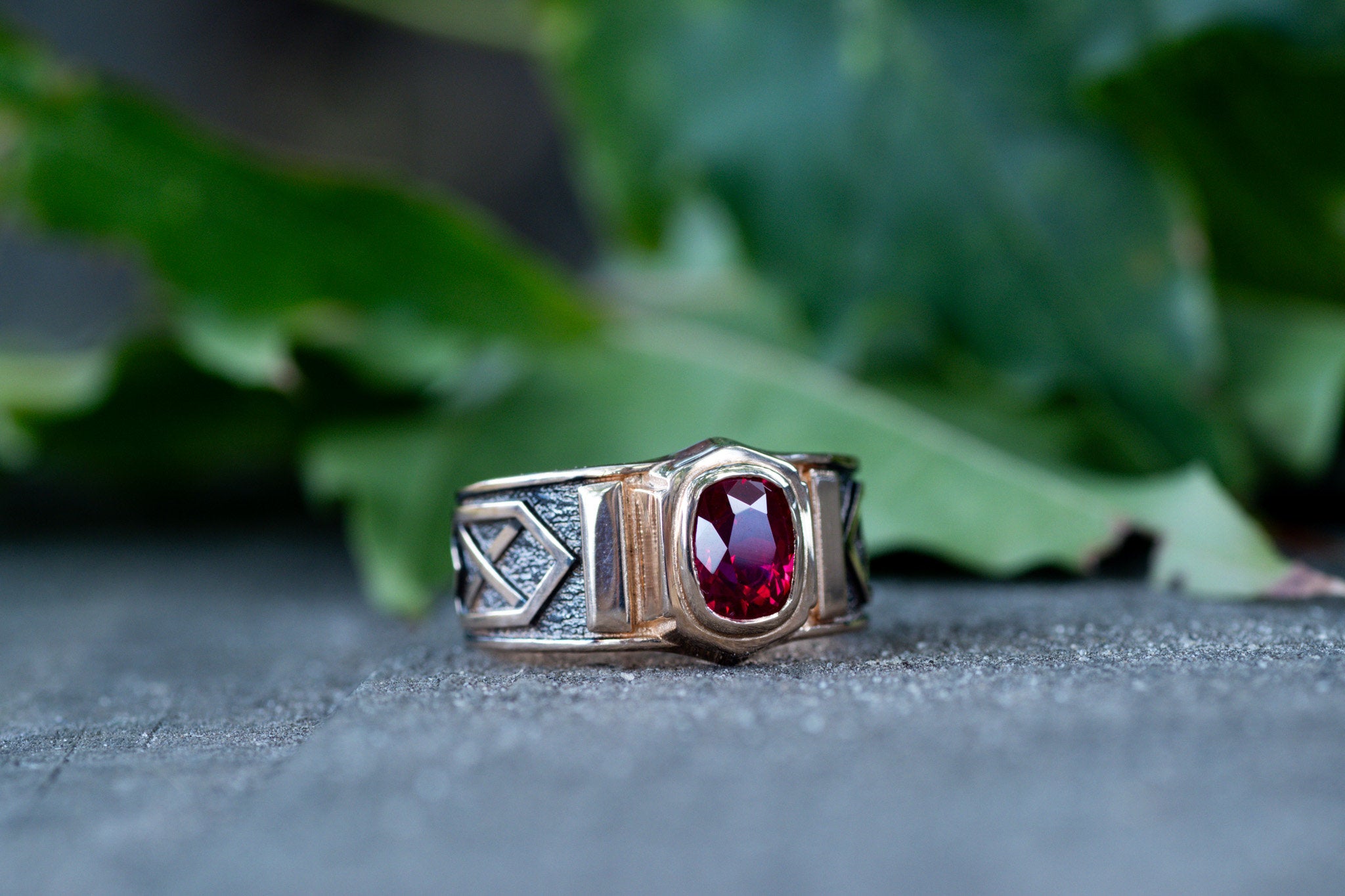 Viking Ring - 14k gold dwarven ring, brutalist signet ruby gemstone ring, fantasy viking nordic