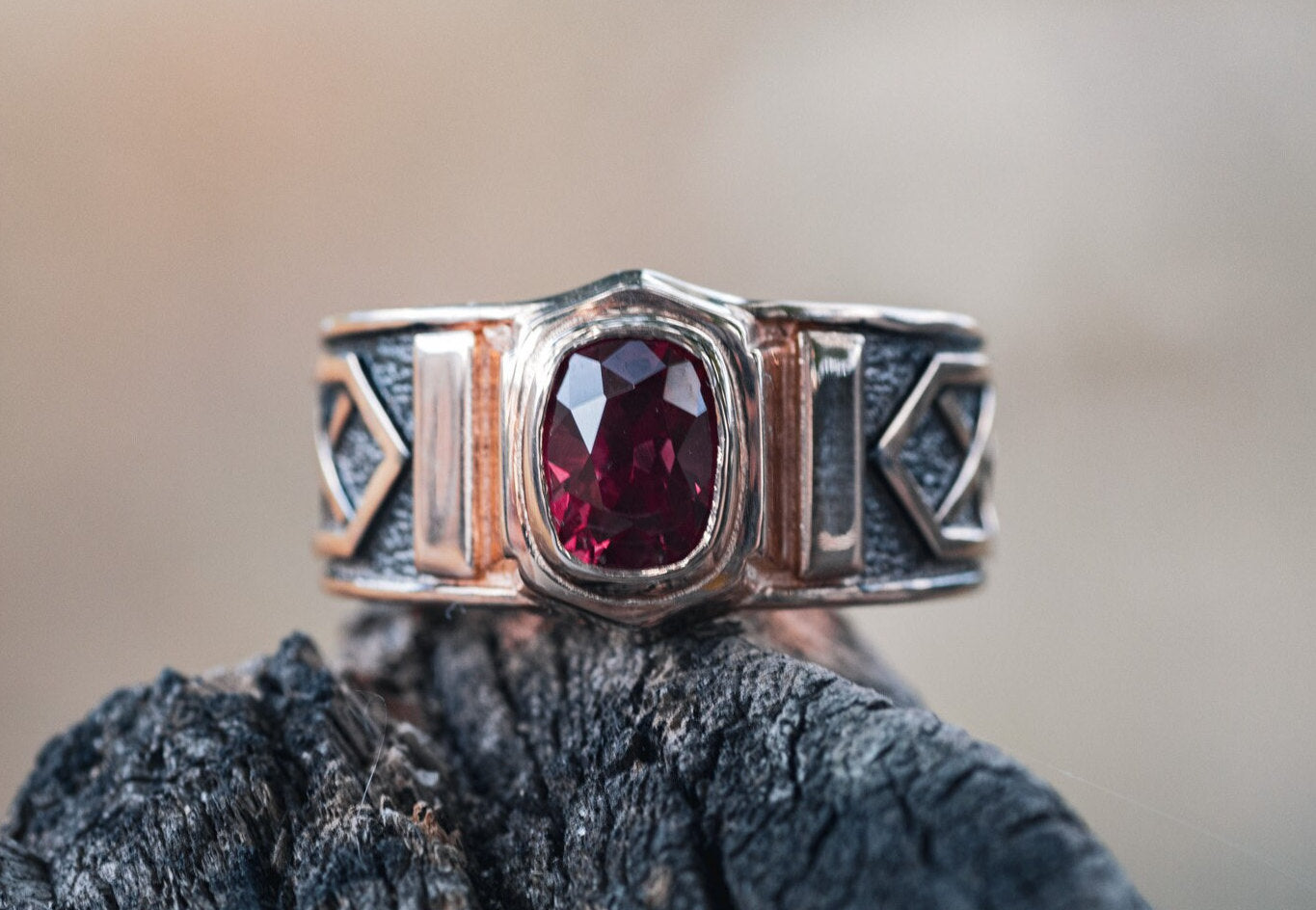 Viking Ring - 14k gold dwarven ring, brutalist signet ruby gemstone ring, fantasy viking nordic