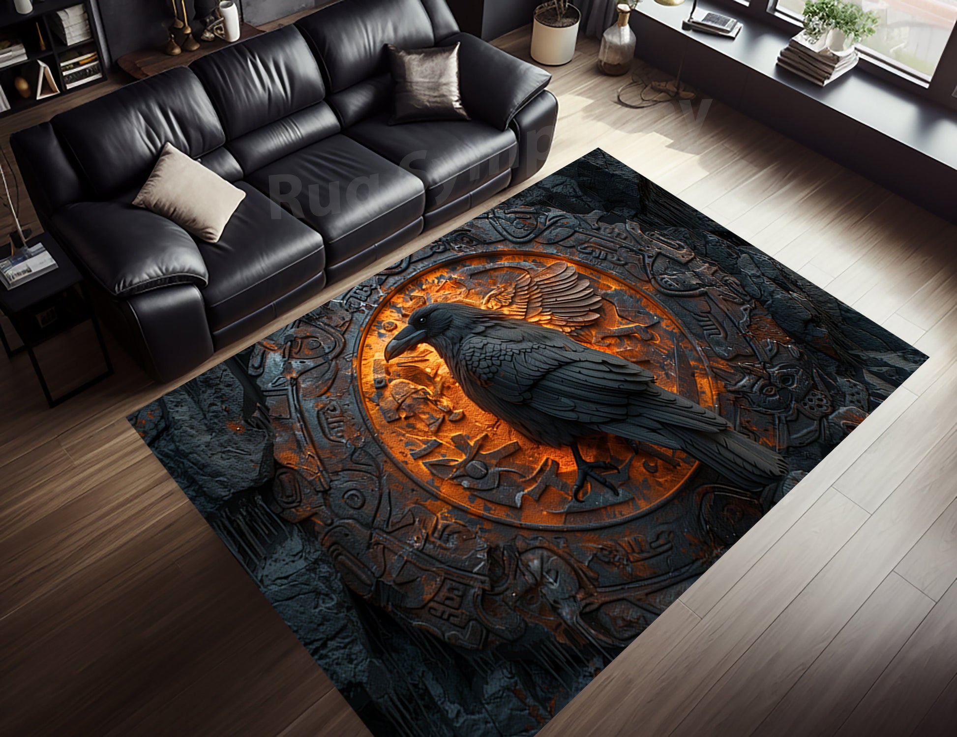 Viking Raven Rug, Norse Mythic Decor, Gothic Nordic Knot Area Rug