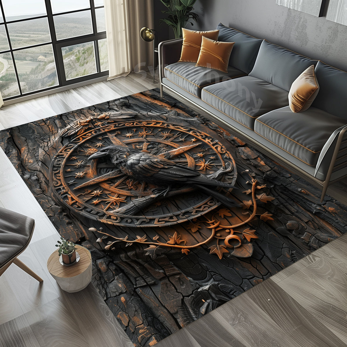 Viking Raven Rug, Norse Mythic Decor, Gothic Nordic Knot Area Rug