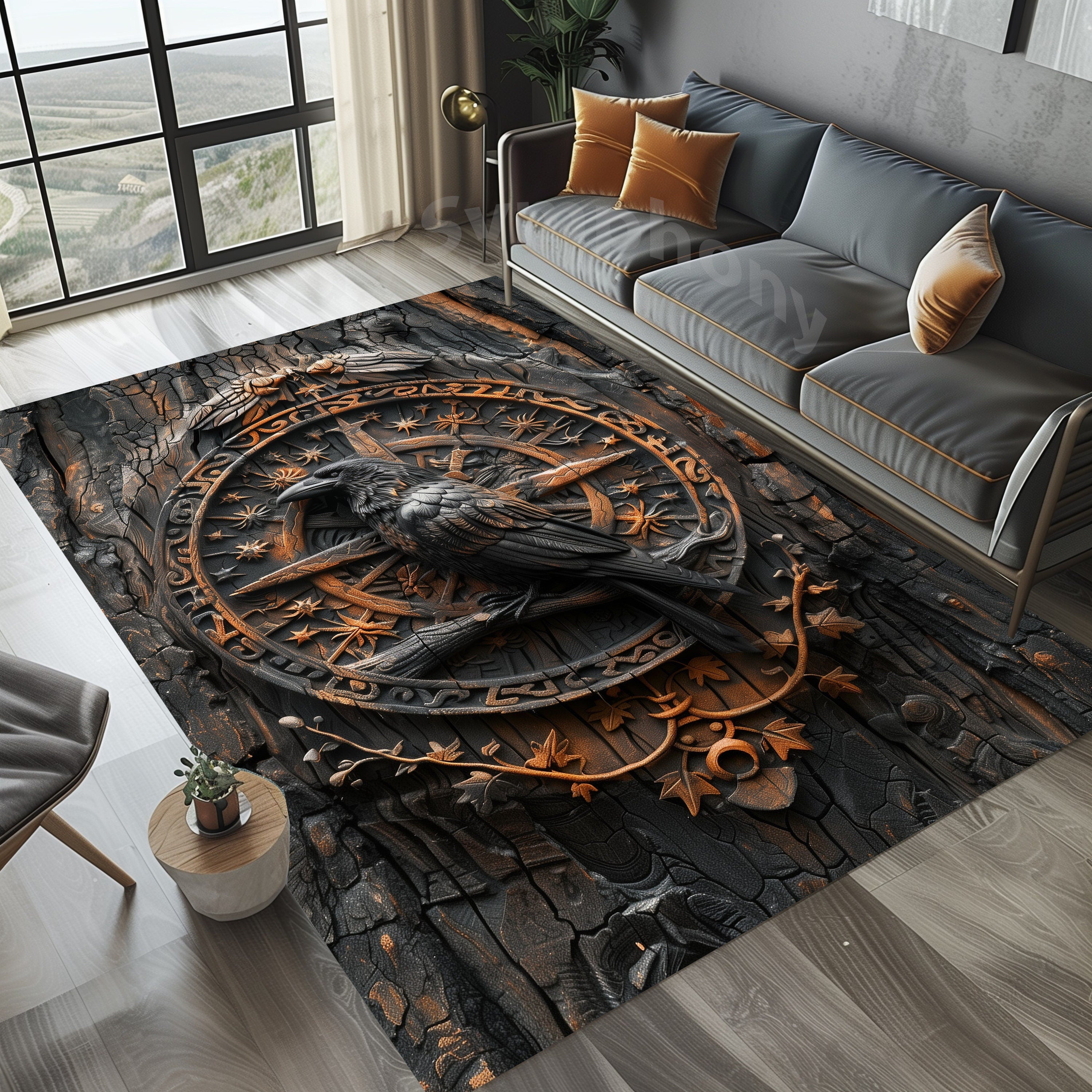Viking Raven Rug, Norse Mythic Decor, Gothic Nordic Knot Area Rug