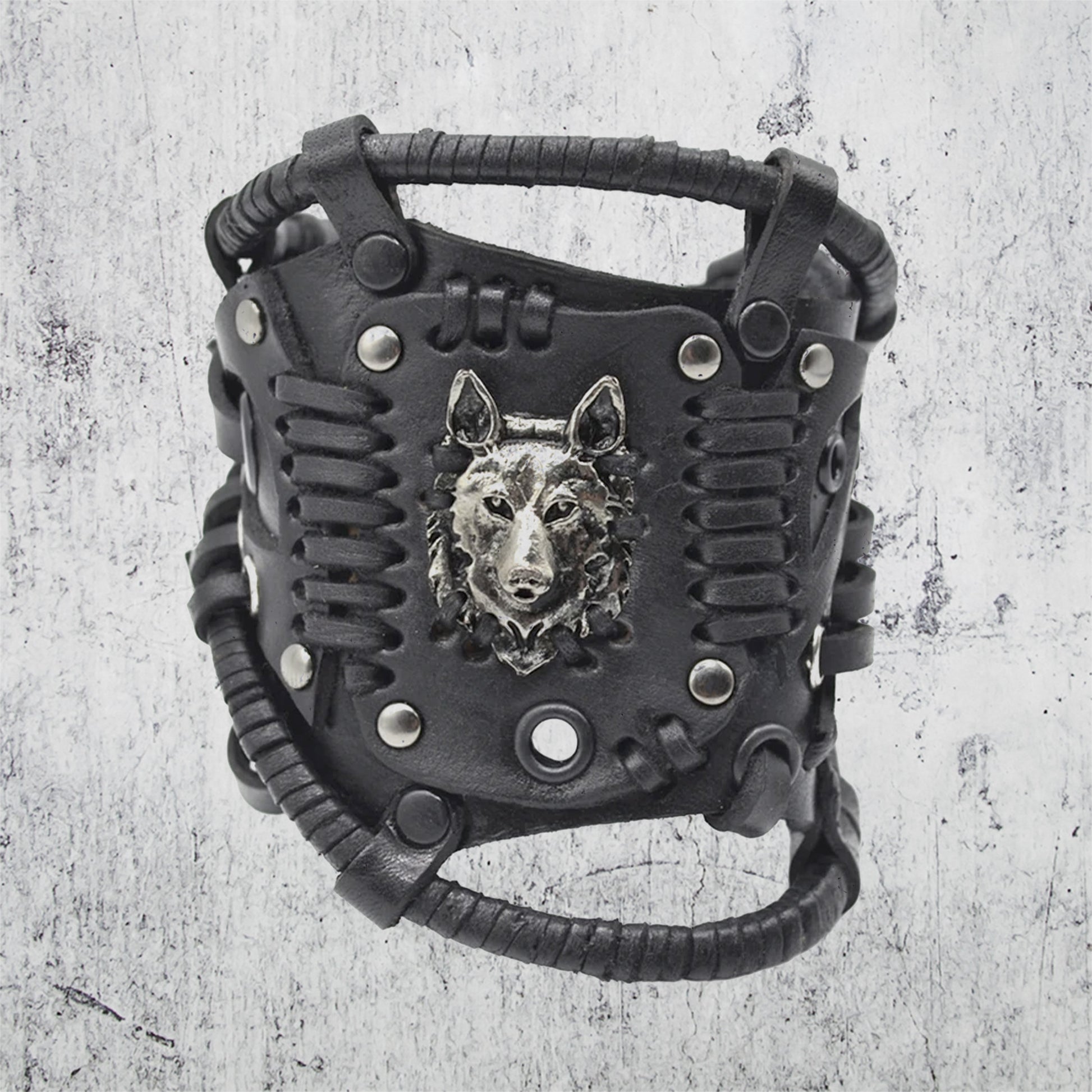 Viking Wolf Bracelet - Steampunk Black Leather Wolf Bracelet: Handmade Fenrir Accessory. Viking