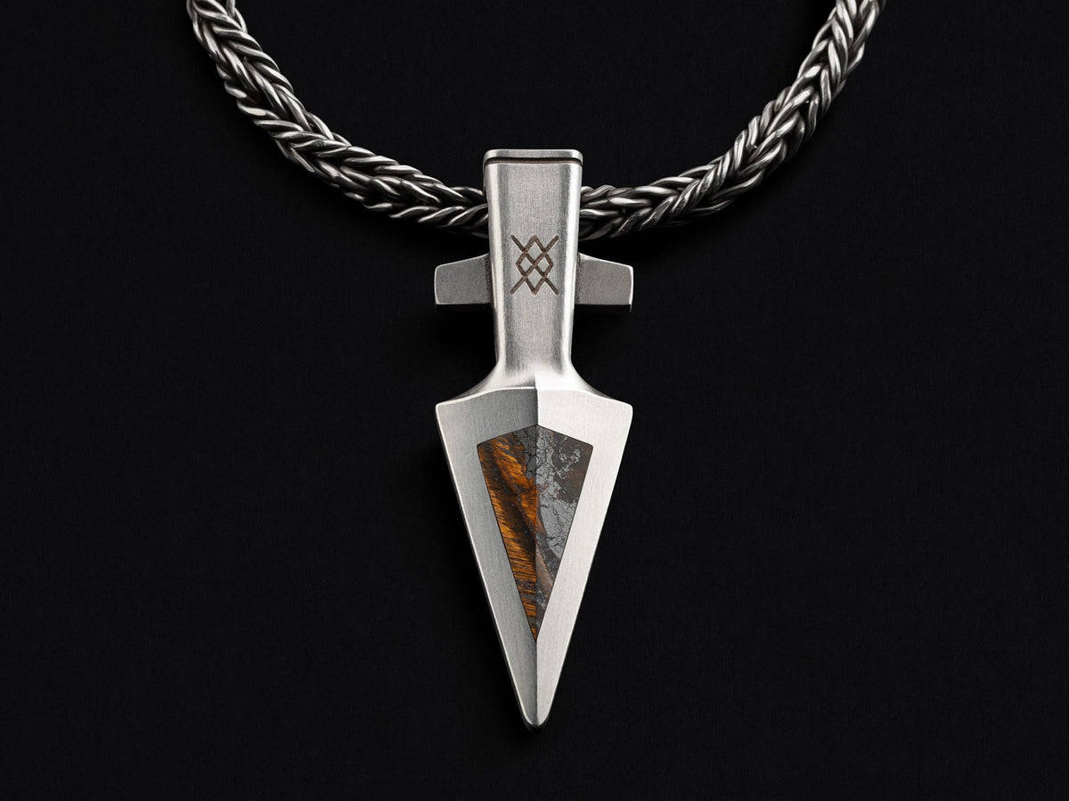 Viking Necklace - Tiger's Eye Arrowhead Pendant: Silver Viking Gungnir Necklace