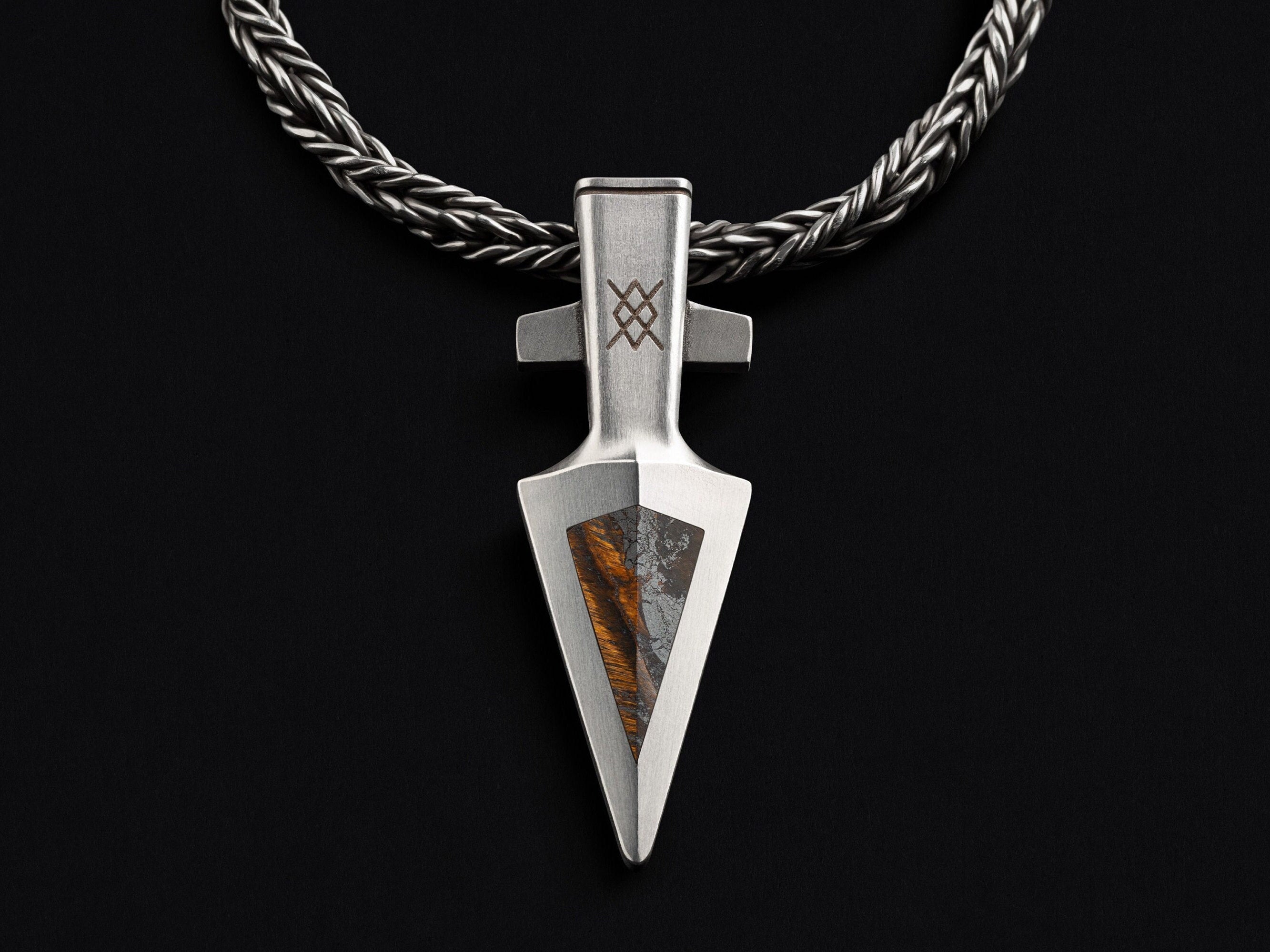 Viking Necklace - Tiger's Eye Arrowhead Pendant: Silver Viking Gungnir Necklace