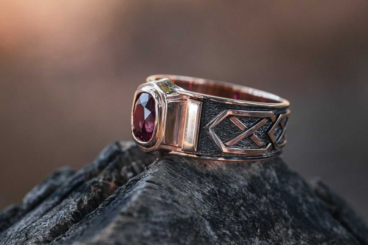 Viking Ring - 14k gold dwarven ring, brutalist signet ruby gemstone ring, fantasy viking nordic