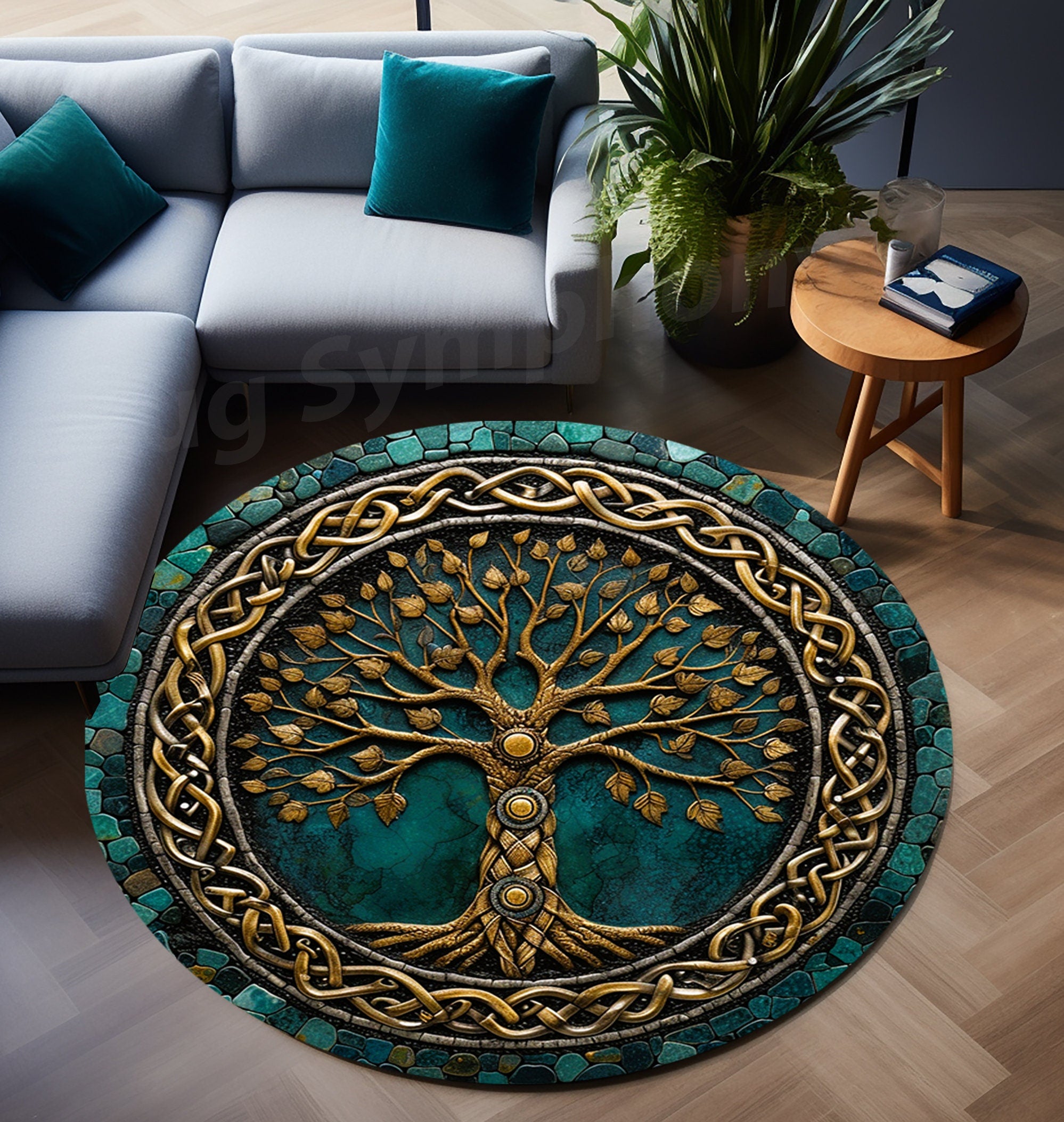 Viking Odin Rug - Viking Round Rug, Norse Mythology Area Rug, Runic Circle Floor Mat, Horn of Odin