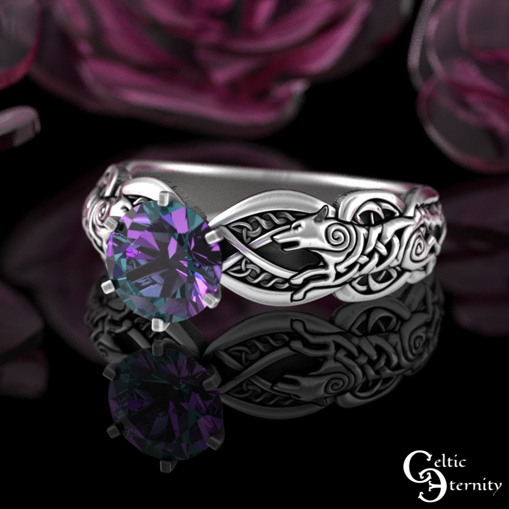 Viking Wolf Ring - Sterling Viking Wolf Solitaire Ring, Alexandrite Mated For Life Ring, Silver